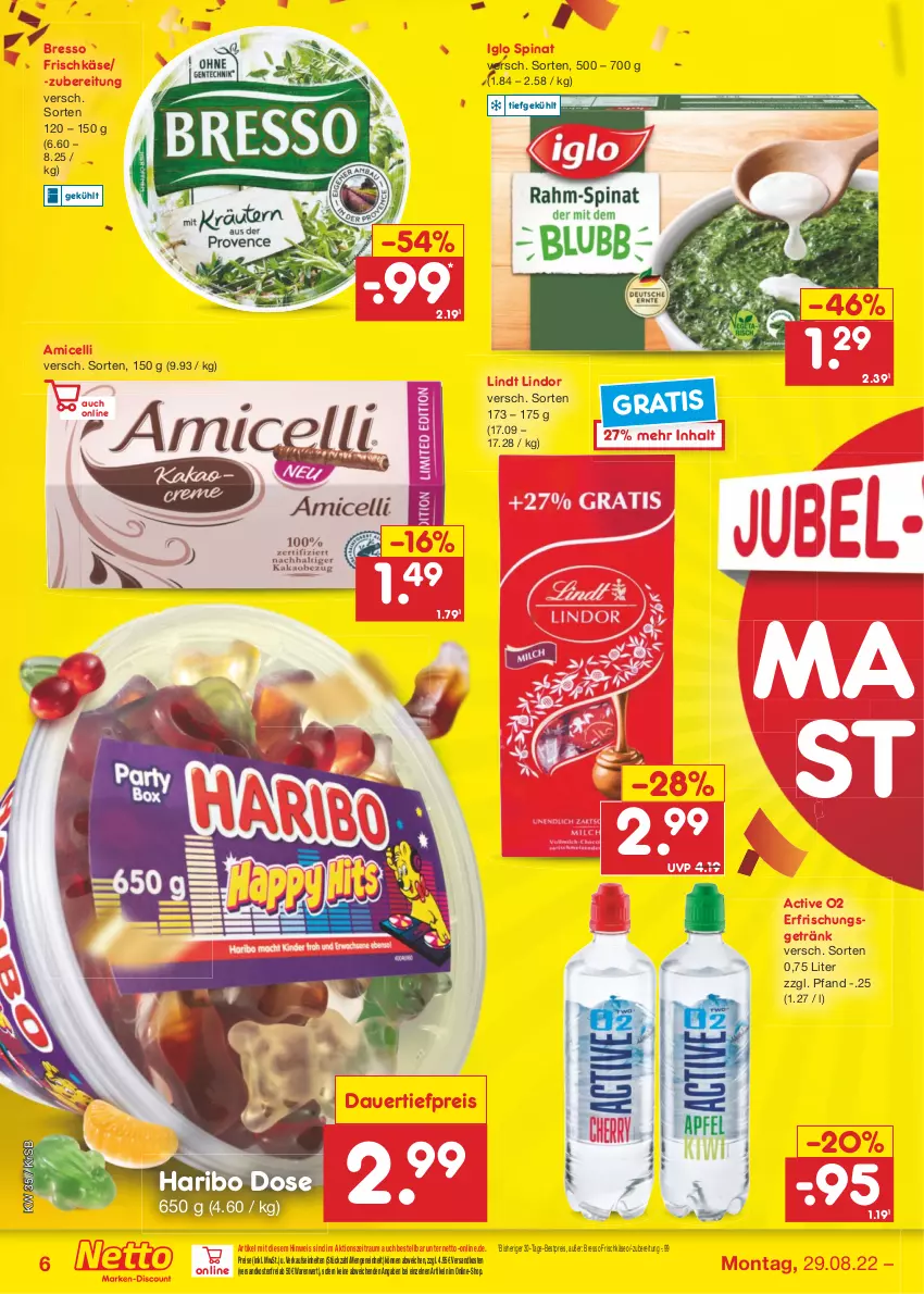 Aktueller Prospekt Netto Marken-Discount - Filial-Angebote - von 29.08 bis 03.09.2022 - strona 6 - produkty: amicelli, auer, bestpreis, bresso, dauertiefpreis, eis, erfrischungsgetränk, frischkäse, getränk, haribo, iglo, Käse, lindor, lindt, ndk, reis, spinat, Ti, tiefpreis, versandkostenfrei