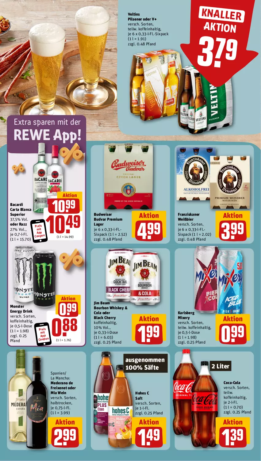 Aktueller Prospekt Rewe - Prospekte - von 21.10 bis 26.10.2024 - strona 11 - produkty: bacardi, bier, bourbon, bourbon whiskey, budweiser, coca-cola, cola, coupon, drink, eis, energy drink, franziskaner, freixenet, Hohes C, jim beam, karlsberg, karlsberg mixery, lack, Mixer, mixery, monster, Monster Energy, pils, pilsener, reis, saft, säfte, Ti, veltins, veltins pilsener, wein, whiskey