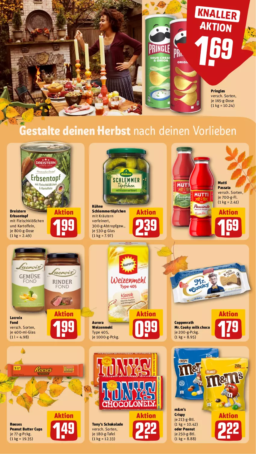 Aktueller Prospekt Rewe - Prospekte - von 21.10 bis 26.10.2024 - strona 12 - produkty: butter, coppenrath, dreistern, eis, erbsen, fleisch, kartoffel, kartoffeln, kräuter, kräutern, Kühne, mehl, Mutti, peanut butter, pringles, reis, ring, schlemmertöpfchen, schoko, schokolade, Ti, topf, Töpfchen, type 405, weizenmehl