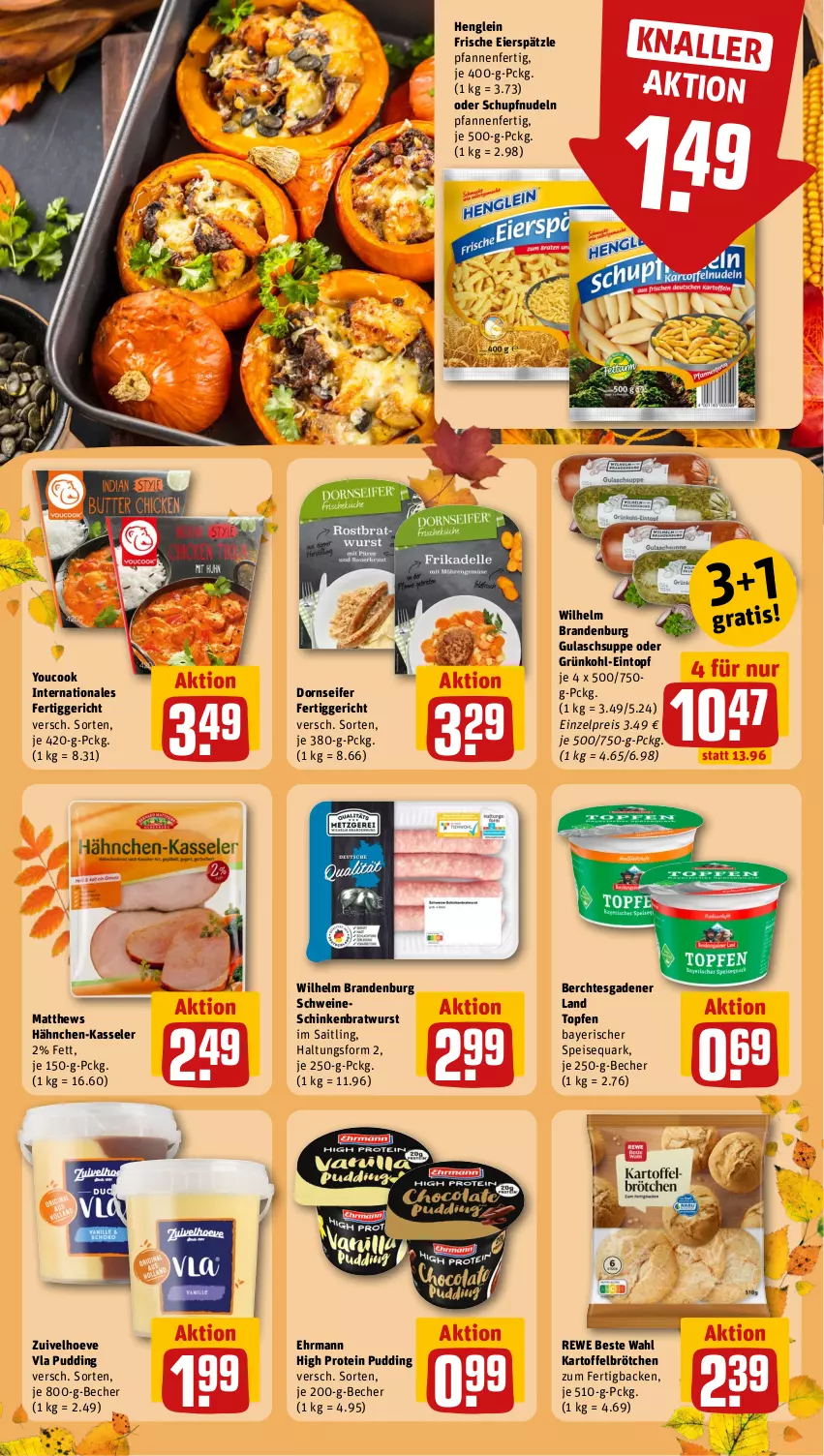 Aktueller Prospekt Rewe - Prospekte - von 21.10 bis 26.10.2024 - strona 13 - produkty: Becher, bratwurst, brötchen, ehrmann, eier, eierspätzle, eintopf, eis, fertiggericht, gulasch, Gulaschsuppe, henglein, kartoffel, kasseler, nudel, nudeln, pfanne, pfannen, pudding, quark, reis, rewe beste wahl, schinken, schwein, schweine, Seife, speisequark, suppe, Ti, topf, Topfen, wein, weine, wurst, Yo, YouCook