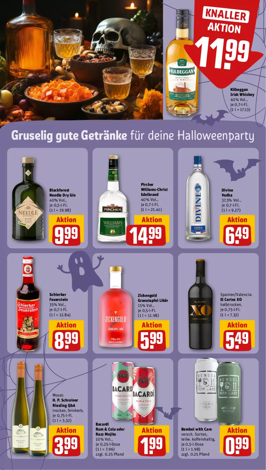 Aktueller Prospekt Rewe - Prospekte - von 21.10 bis 26.10.2024 - strona 14 - produkty: apfel, bacardi, bacardi rum, cola, dry gin, getränk, getränke, gin, grana, granatapfel, irish whiskey, kilbeggan, lack, likör, mojito, pircher, Rana, riesling, rum, Ti, vodka, whiskey