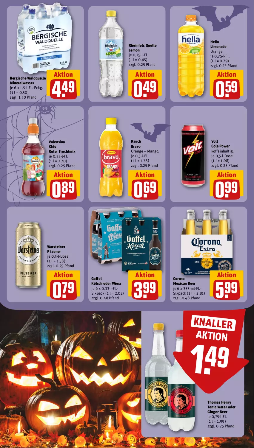 Aktueller Prospekt Rewe - Prospekte - von 21.10 bis 26.10.2024 - strona 15 - produkty: Alwa, Bravo, cola, corona, elle, frucht, gin, ginger, hella, limo, limonade, mango, mineralwasser, orange, pils, pilsener, Rauch, rheinfels quelle, steiner, thomas henry, Ti, tonic, tonic water, valensina, Waldquelle, warsteiner, wasser