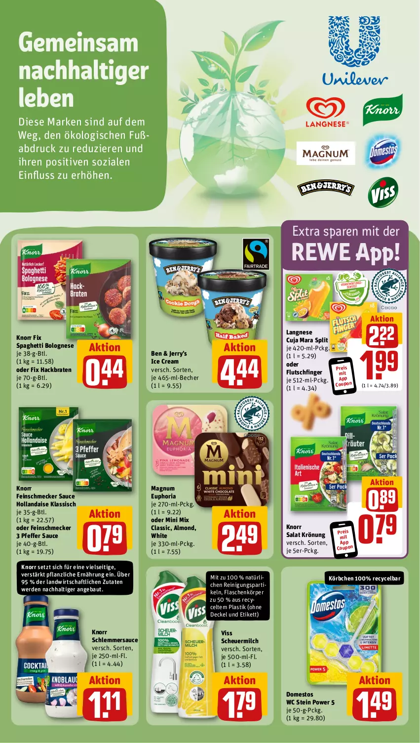 Aktueller Prospekt Rewe - Prospekte - von 21.10 bis 26.10.2024 - strona 17 - produkty: asti, Bau, Becher, bolognese, braten, coupon, decke, Deckel, domestos, eis, erde, feinschmecker, flasche, Heu, hollandaise, knorr, knorr fix, Körbchen, langnese, magnum, milch, pfeffer, Reinigung, reis, Ria, salat, sauce, sauce hollandaise, scheuermilch, schlemmersauce, spaghetti, spaghetti bolognese, Ti