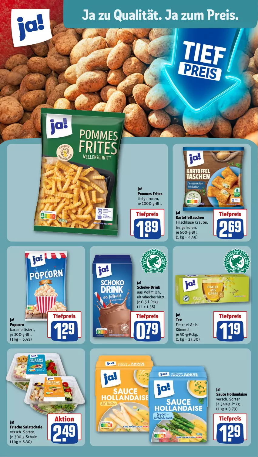 Aktueller Prospekt Rewe - Prospekte - von 21.10 bis 26.10.2024 - strona 19 - produkty: drink, eis, fenchel, frischkäse, hollandaise, karamell, kartoffel, Kartoffeltaschen, Käse, kräuter, milch, pommes, Pommes Frites, popcorn, reis, salat, sauce, sauce hollandaise, Schal, Schale, schoko, Tasche, taschen, tee, Ti, tiefpreis, vollmilch