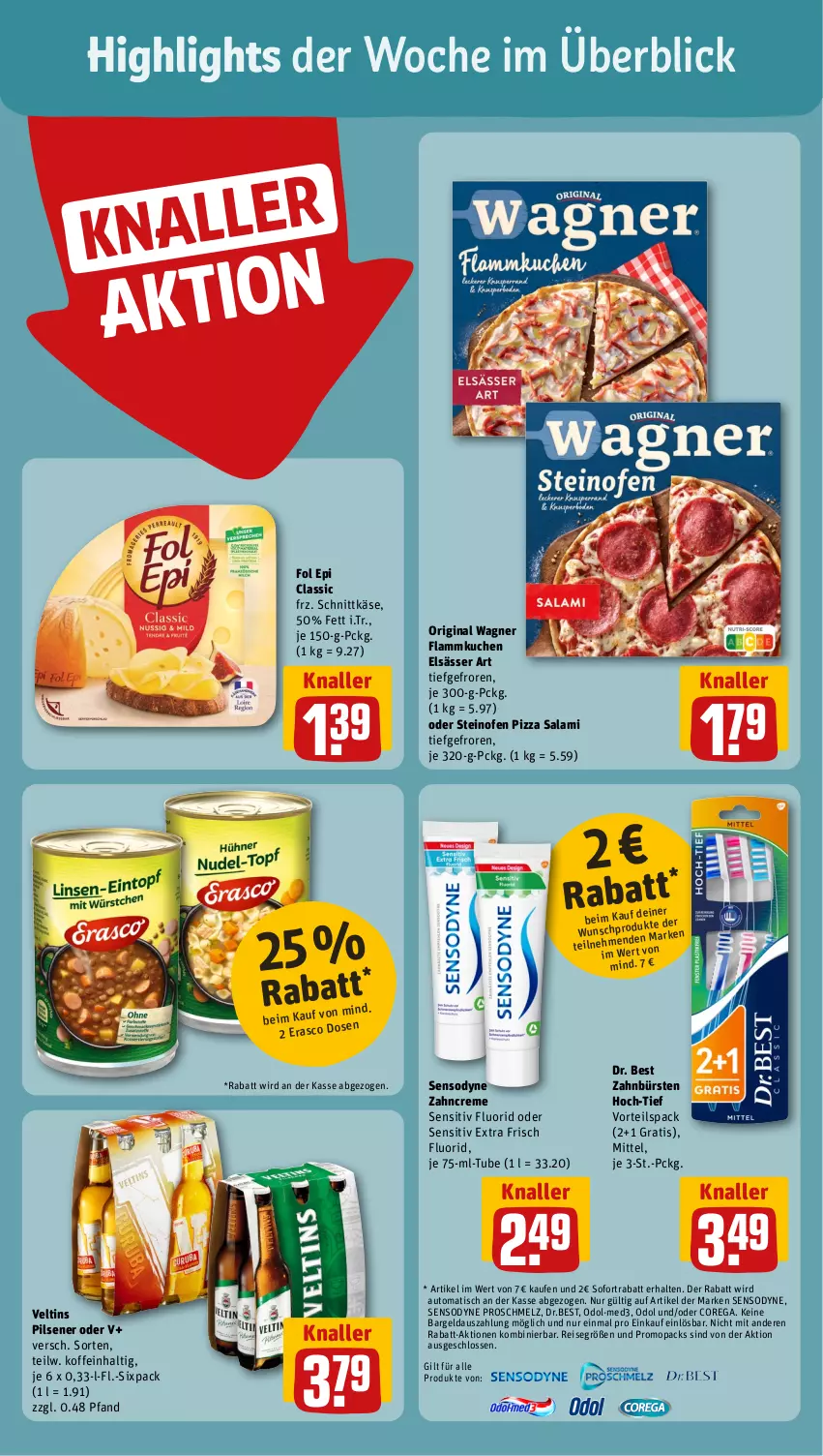 Aktueller Prospekt Rewe - Prospekte - von 21.10 bis 26.10.2024 - strona 2 - produkty: auto, bürste, bürsten, creme, Dr. Best, eis, elsässer art, flammkuchen, fol epi, gin, HP, Käse, kuchen, lamm, Odol, Ofen, original wagner, pils, pilsener, pizza, reis, salami, schnittkäse, sensodyne, sofortrabatt, steinofen, steinofen pizza, Ti, tisch, veltins, veltins pilsener, wagner, zahnbürste, zahnbürsten, zahncreme