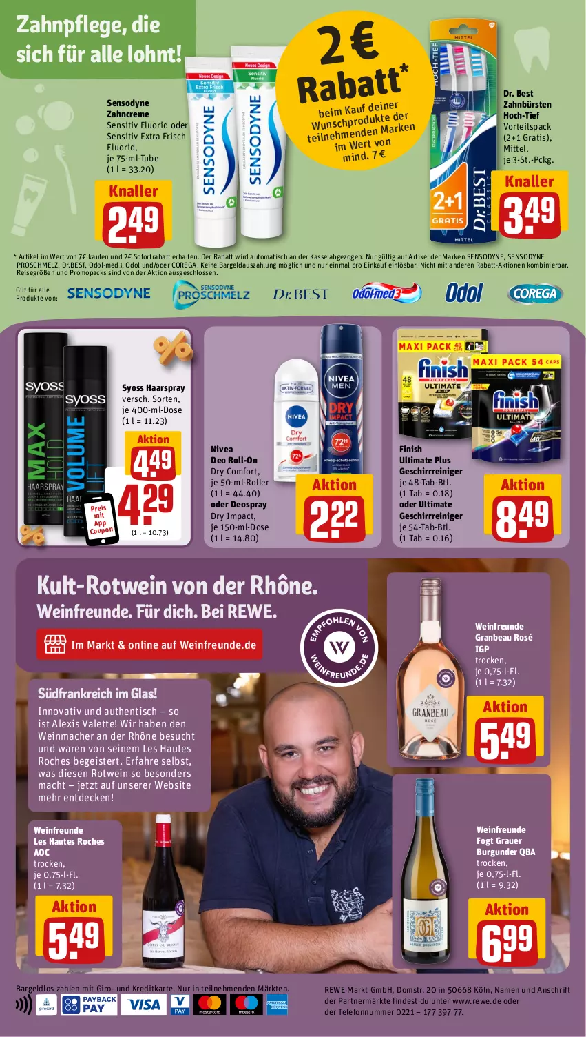 Aktueller Prospekt Rewe - Prospekte - von 21.10 bis 26.10.2024 - strona 20 - produkty: auer, auto, burgunder, bürste, bürsten, coupon, creme, decke, deo, deo roll-on, deospray, Dr. Best, eis, Finish, geschirr, grauer burgunder, haarspray, HP, mac, nivea, oder deospray, Odol, reiniger, reis, roll-on, Roller, rotwein, sensodyne, sofortrabatt, syoss, telefon, Ti, tisch, wein, Yo, zahnbürste, zahnbürsten, zahncreme