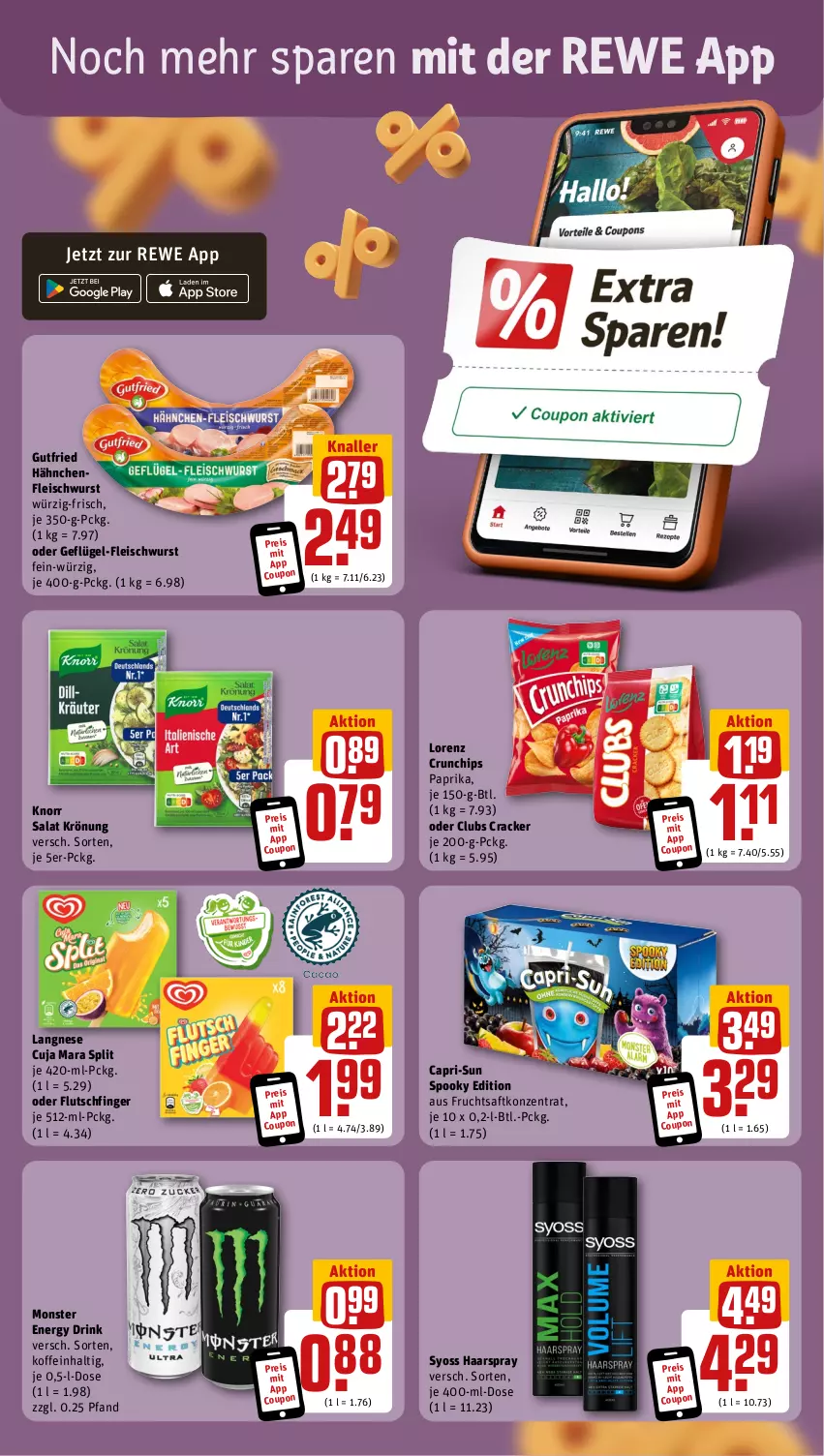 Aktueller Prospekt Rewe - Prospekte - von 21.10 bis 26.10.2024 - strona 3 - produkty: Cap, capri-sun, chips, coupon, cracker, crunchips, drink, eis, energy drink, fleisch, fleischwurst, frucht, fruchtsaft, Geflügel, Geflügel-Fleischwurst, gutfried, haarspray, Hähnchenfleisch, knorr, langnese, lorenz, lorenz crunchips, monster, Monster Energy, paprika, reis, saft, salat, syoss, Ti, wurst, Yo