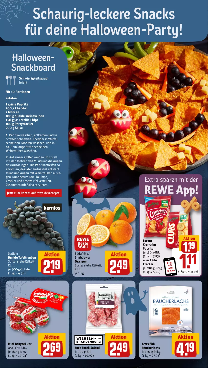 Aktueller Prospekt Rewe - Prospekte - von 21.10 bis 26.10.2024 - strona 4 - produkty: Anrichte, babybel, cheddar, chips, coupon, cracker, crunchips, eis, Holz, Käse, Kürbis, lachs, lorenz, lorenz crunchips, mini babybel, möhren, orange, orangen, paprika, Räucherlachs, reifen, reis, rezept, rezepte, rum, salami, Salsa, Schal, Schale, sim, simba, snack, snacks, stifte, tafeltrauben, Ti, tortilla, Tortilla Chips, trauben, wein, würfel