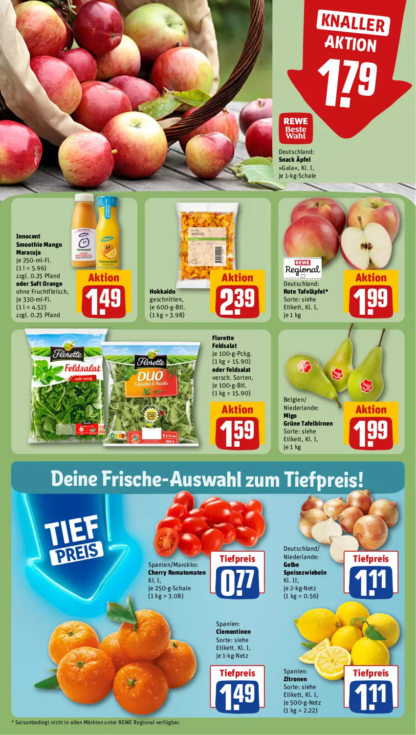 Aktueller Prospekt Rewe - Prospekte - von 21.10 bis 26.10.2024 - strona 6 - produkty: Birnen, clementinen, eis, feldsalat, fleisch, florette, frucht, fruchtfleisch, Innocent, LG, mango, maracuja, orange, reis, Romatomaten, rote tafeläpfel, saft, salat, Schal, Schale, schnitten, smoothie, snack, Speisezwiebeln, tafeläpfel, tafelbirnen, Ti, tiefpreis, tomate, tomaten, zitrone, zitronen, zwiebel, zwiebeln