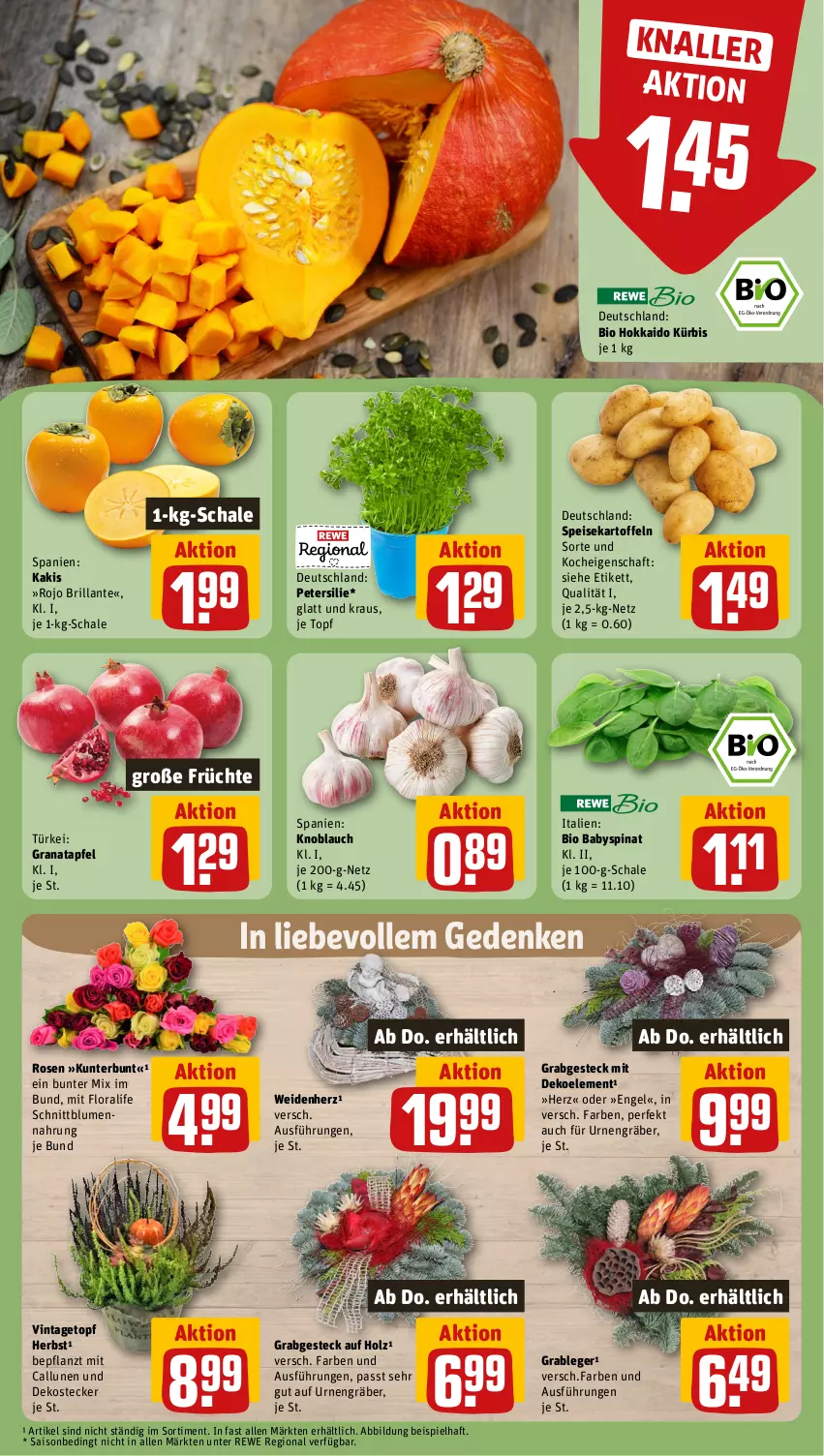 Aktueller Prospekt Rewe - Prospekte - von 21.10 bis 26.10.2024 - strona 7 - produkty: apfel, Babyspinat, bio, blume, blumen, eis, Engel, früchte, grana, granatapfel, Holz, Kaki, kartoffel, kartoffeln, knoblauch, Kürbis, petersilie, Rana, rosen, Schal, Schale, speisekartoffeln, spinat, Ti, topf