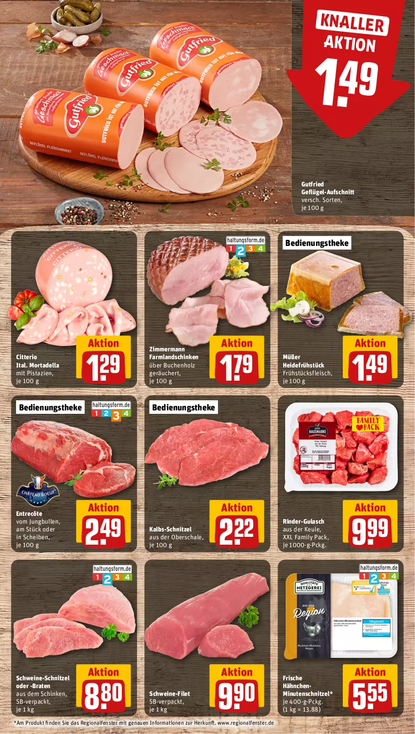 Aktueller Prospekt Rewe - Prospekte - von 21.10 bis 26.10.2024 - strona 8 - produkty: aufschnitt, braten, buch, dell, eis, entrecôte, fenster, filet, fleisch, Frische Hähnchen, frühstücksfleisch, Geflügel, gulasch, gutfried, heidefrühstück, Holz, jungbullen, landschinken, minutenschnitzel, mit pistazien, mortadella, Müller, pistazien, rind, rinder, Schal, Schale, schinken, schnitzel, schwein, schweine, schweine-filet, schweine-schnitzel, Ti, wein, weine