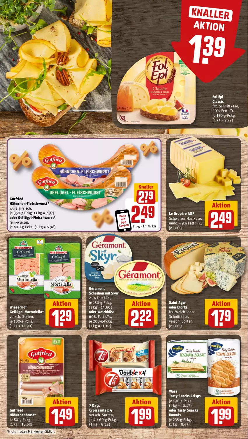 Aktueller Prospekt Rewe - Prospekte - von 21.10 bis 26.10.2024 - strona 9 - produkty: coupon, Croissant, croissants, dell, eis, fleisch, fleischwurst, fol epi, Geflügel, Geflügel-Fleischwurst, géramont, gutfried, hähnchenbrust, hartkäse, Käse, mortadella, reis, Saint Agur, schnittkäse, schweizer hartkäse, Skyr, snack, snacks, Ti, wasa, weichkäse, wiesenhof, wurst