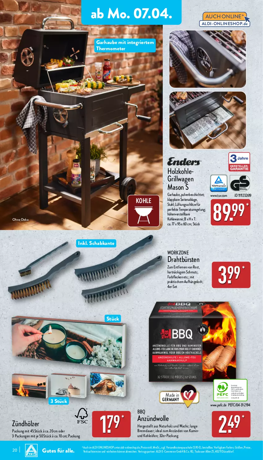Aktueller Prospekt Aldi Nord - Von Montag - von 07.04 bis 12.04.2025 - strona 20 - produkty: aldi, auer, bürste, bürsten, Draht, eis, Germ, grill, Holz, holzkohle, holzkohlegrill, Kamin, Kohlegrill, natur, ndk, reis, Schal, Schale, thermometer, Ti, tisch, Wanne, wolle