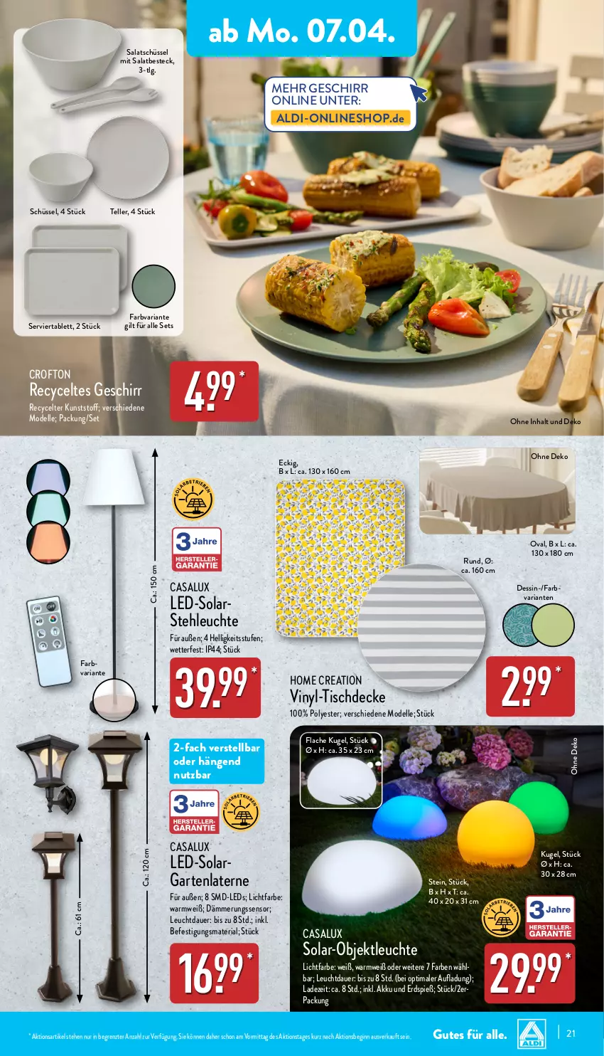 Aktueller Prospekt Aldi Nord - Von Montag - von 07.04 bis 12.04.2025 - strona 21 - produkty: akku, aldi, auer, besteck, Crofton, decke, dell, elle, Garten, geschirr, gin, Kugel, laterne, leds, Leuchte, LG, Mode, Ria, salat, schüssel, Serviertablett, stehleuchte, tablet, tablett, teller, Ti, tisch, tischdecke, ZTE