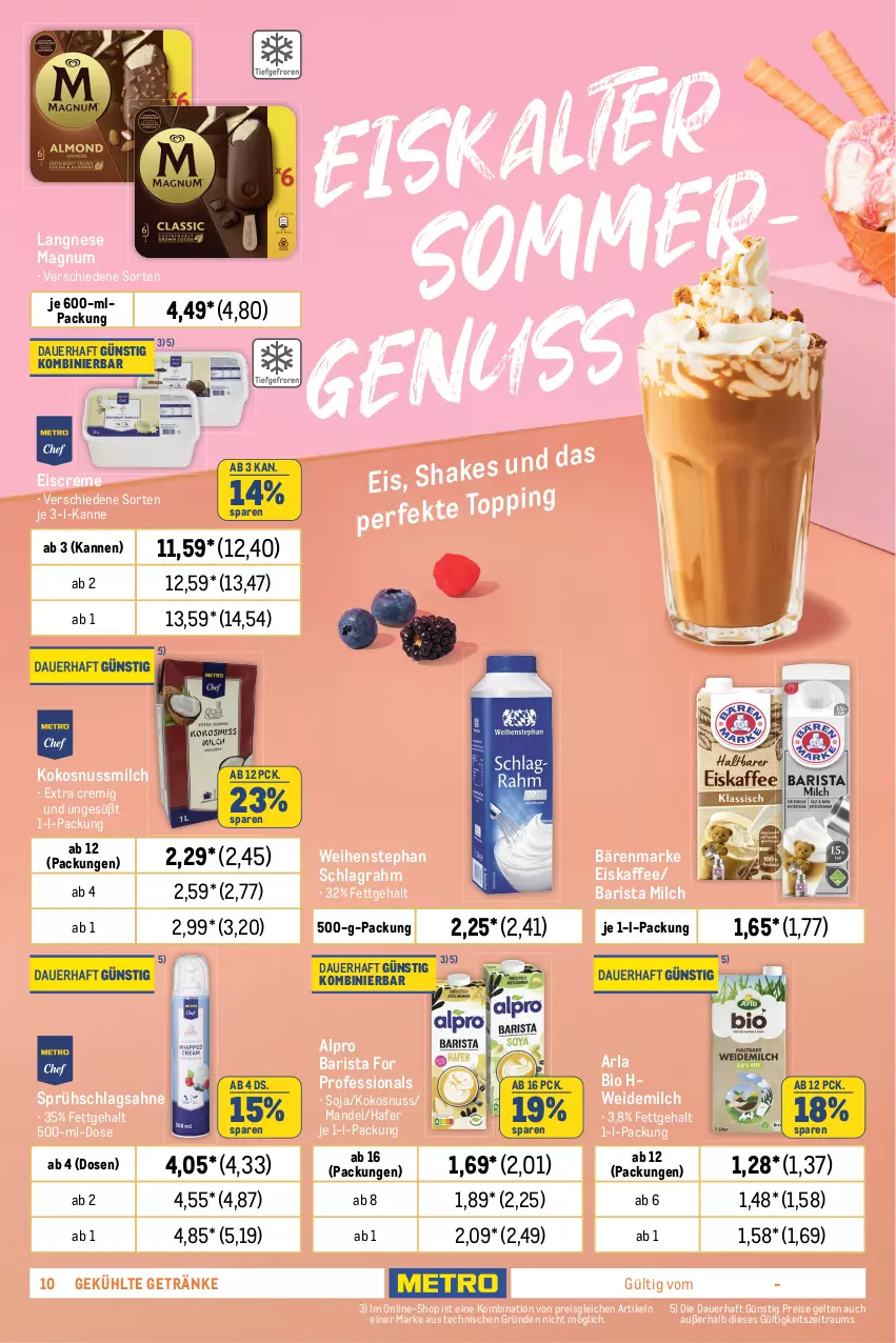 Aktueller Prospekt Metro - Food-NonFood - von 29.05 bis 12.06.2024 - strona 10 - produkty: alpro, arla, auer, bärenmarke, beere, beeren, beutel, bio, brombeere, brombeeren, creme, dessert, desserts, dessertsauce, eis, eiscreme, eiskaffee, elle, erdbeere, erdbeeren, flasche, frappé, getränk, getränke, hafer, himbeer, himbeere, himbeeren, kaffee, kokos, kokosnuss, Kokosnussmilch, küche, Küchen, langnese, magnum, mandel, mango, milch, Nescafé, nuss, reis, sahne, sauce, saucen, Schal, Schale, schlagrahm, schlagsahne, Schwartau, soja, Ti, weidemilch, weihenstephan, würfel