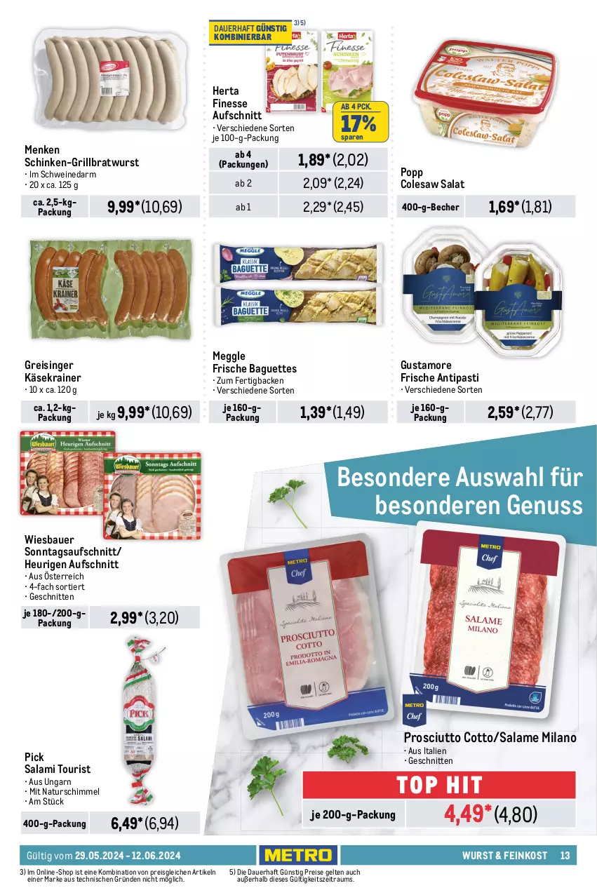 Aktueller Prospekt Metro - Food-NonFood - von 29.05 bis 12.06.2024 - strona 13 - produkty: antipasti, asti, auer, aufschnitt, baguette, baguettes, Bau, Bauer, Becher, beutel, blume, blumen, blumenkohl, bohne, bohnen, bratwurst, brot, brötchen, coppenrath, dell, eis, elle, erbsen, feinkost, finesse, Fladenbrot, frosta, geback, Golden Longs, grill, grillbratwurst, herta, herta finesse, Heu, karotten, Käse, Käsekrainer, küche, Küchen, mccain, meggle, natur, nuss, pfanne, pfannen, pommes, Popp, prosciutto, prosciutto cotto, reis, salami, salat, sauce, schinken, schnitten, schwein, schweine, Ti, tiefkühlkost, vita, wein, weine, wiesbauer, wurst, zucchini, zucker