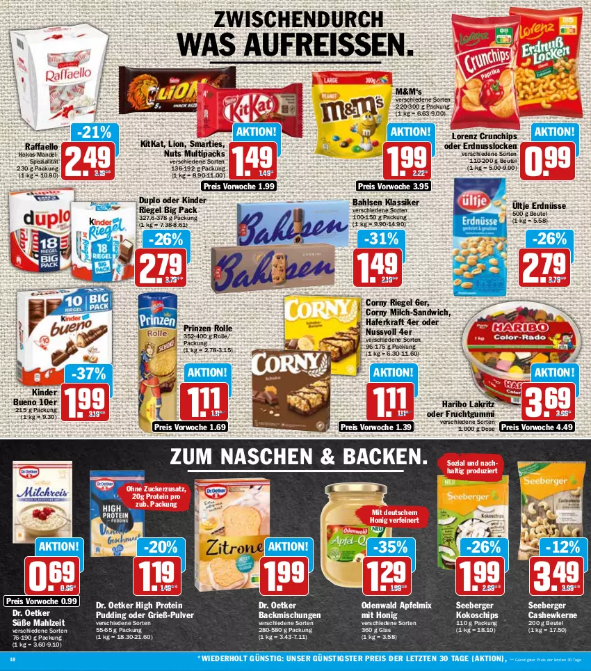 Aktueller Prospekt Hit - Prospekte - von 13.06 bis 18.06.2022 - strona 10 - produkty: apfel, backmischung, Backmischungen, bahlsen, Berger, beutel, Cashew, cashewkerne, chips, corny, crunchips, Dr. Oetker, duplo, eis, erdnuss, erdnüsse, frucht, fruchtgummi, hafer, haribo, honig, Kinder, kinder bueno, kinder riegel, kitkat, kokos, kraft, Lakritz, lion, lorenz, lorenz crunchips, mandel, milch, nuss, odenwald, prinzen rolle, pudding, raffaello, reis, reiss, riegel, sandwich, seeberger, smarties, Spezi, Ti, ültje, ültje erdnüsse, ZTE, zucker