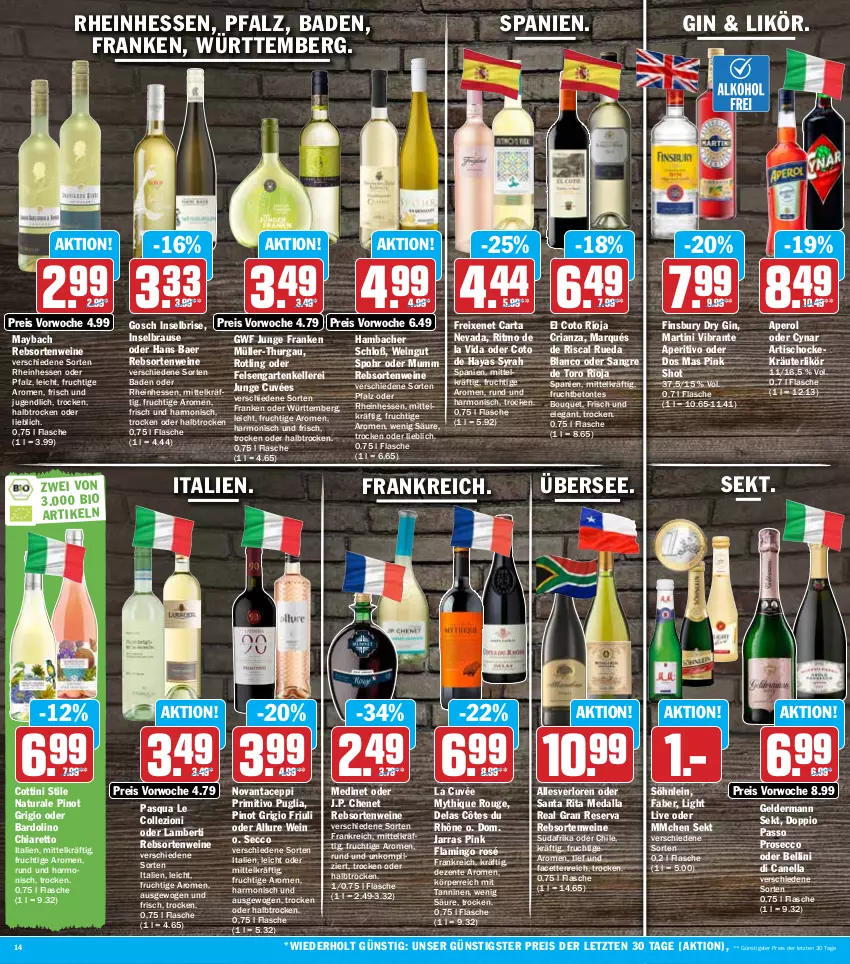 Aktueller Prospekt Hit - Prospekte - von 13.06 bis 18.06.2022 - strona 14 - produkty: Amber, aperol, Bad, brause, chia, cuvée, doppio passo, Dos Mas, dry gin, ecco, eis, elle, ente, finsbury, flasche, freixenet, frucht, Garten, geldermann, gin, J.P. Chenet, kräuter, kräuterlikör, likör, martini, maybach, medinet, Müller, Müller-Thurgau, mumm, natur, natura, passo, Pinot, pinot grigio, primitivo, prosecco, rebsortenweine, reis, Ria, rioja, rouge, sekt, söhnlein, Ti, tisch, wein, weine, ZTE