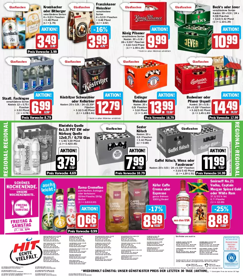 Aktueller Prospekt Hit - Prospekte - von 13.06 bis 18.06.2022 - strona 16 - produkty: angebot, angebote, auer, Bad, Becher, beutel, bier, bitburger, bohne, bohnen, braun, brause, budweiser, burger, caffe, Cap, captain morgan, creme, drucker, eimer, eis, elle, Engel, erdinger, espresso, fassbrause, fisch, flasche, franziskaner, glasflasche, jever, käfer, kellerbier, kerze, könig pilsener, köstritzer, krombache, krombacher, Lübecker, oder espresso, pils, pilsener, pilsner, pilsner urquell, rama, rama cremefine, Rauch, reis, rheinfels quelle, rum, smirnoff, Staatl. Fachingen, Ti, uhr, vodka, weissbier, white rum, ZTE