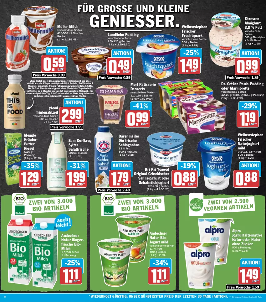 Aktueller Prospekt Hit - Prospekte - von 13.06 bis 18.06.2022 - strona 8 - produkty: almighur, almighurt, alpro, andechser natur, asti, ball, bärenmarke, Becher, bio, butter, dessert, desserts, Dr. Oetker, ehrmann, ehrmann almighurt, eis, elle, flasche, frucht, Fruchtquark, gin, joghur, joghurt, joghurt mild, jogurt, kräuter, kräuterbutter, landliebe, leine, LG, marmorette, meggle, merl, milch, Müller, natur, naturjoghurt, omega, Paula, paula pudding, pudding, quark, reis, riegel, sahne, Sahnejoghurt, salat, schlagsahne, Sylter, Ti, vita, Vitamine, weihenstephan, Yo, ZTE, zucker, Zum Dorfkrug