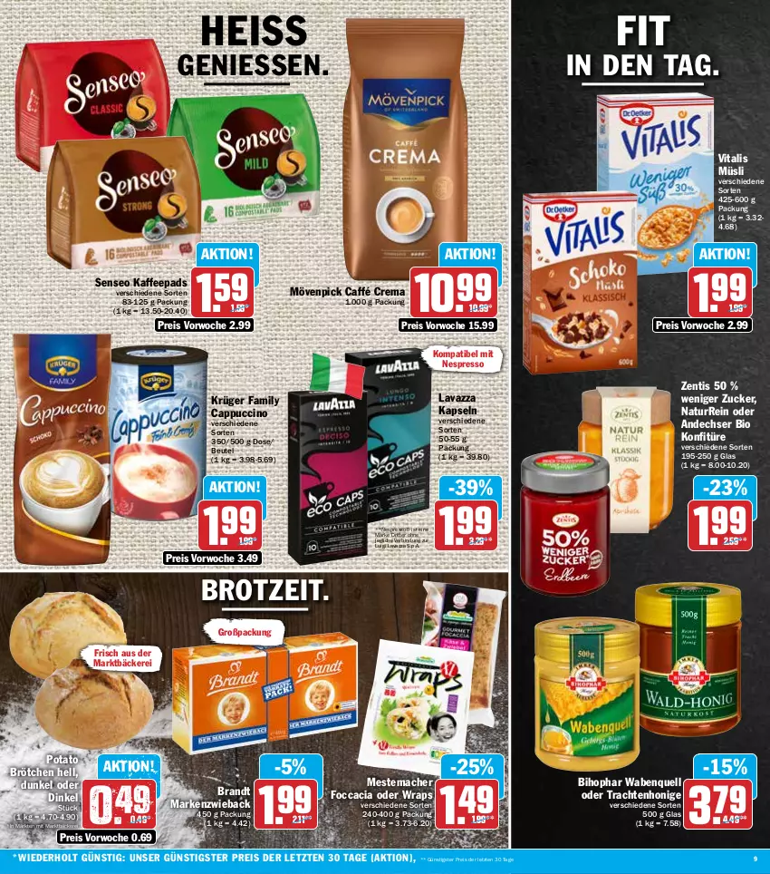 Aktueller Prospekt Hit - Prospekte - von 13.06 bis 18.06.2022 - strona 9 - produkty: beutel, bihophar, bio, brandt, brot, brötchen, Cap, cappuccino, cin, eis, espresso, honig, kaffee, kaffeepads, konfitüre, krüger, lavazza, mac, Markenzwieback, mestemacher, mövenpick, müsli, natur, nespresso, reis, ritter, senseo, Ti, vita, vitalis, vitalis müsli, wrap, wraps, zentis, ZTE, zucker