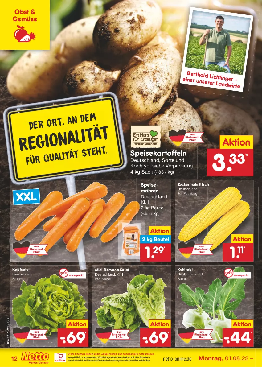 Aktueller Prospekt Netto Marken-Discount - Filial-Angebote - von 01.08 bis 06.08.2022 - strona 12 - produkty: asti, beutel, eis, kartoffel, kartoffeln, kohlrabi, kopfsalat, mais, möhren, ndk, obst, reis, sac, salat, speisekartoffeln, speisemöhren, Ti, usb, versandkostenfrei, zucker, zuckermais