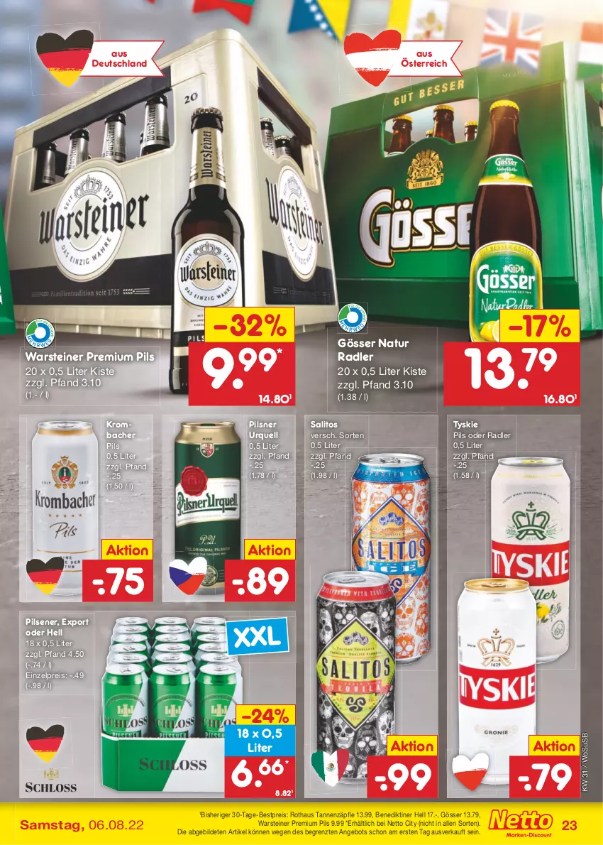 Aktueller Prospekt Netto Marken-Discount - Filial-Angebote - von 01.08 bis 06.08.2022 - strona 23 - produkty: angebot, Benediktiner, bestpreis, eis, gösser, krombache, krombacher, krombacher pils, natur, natur radler, oder radler, pils, pilsener, pilsner, pilsner urquell, premium pils, radler, reis, steiner, Ti, tyskie, usb, warsteiner, ZTE