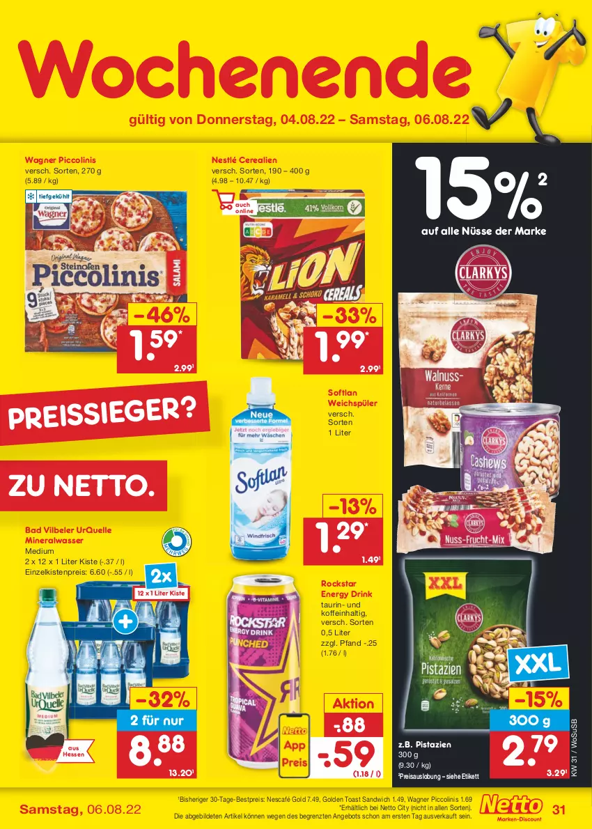 Aktueller Prospekt Netto Marken-Discount - Filial-Angebote - von 01.08 bis 06.08.2022 - strona 31 - produkty: Alwa, angebot, Bad, bestpreis, cerealien, drink, eis, elle, energy drink, golden toast, mineralwasser, Nescafé, nescafé gold, nestlé, piccolinis, pistazien, reis, reiss, Rockstar, sandwich, Softlan, Ti, toast, usb, wagner, wasser, weichspüler, ZTE