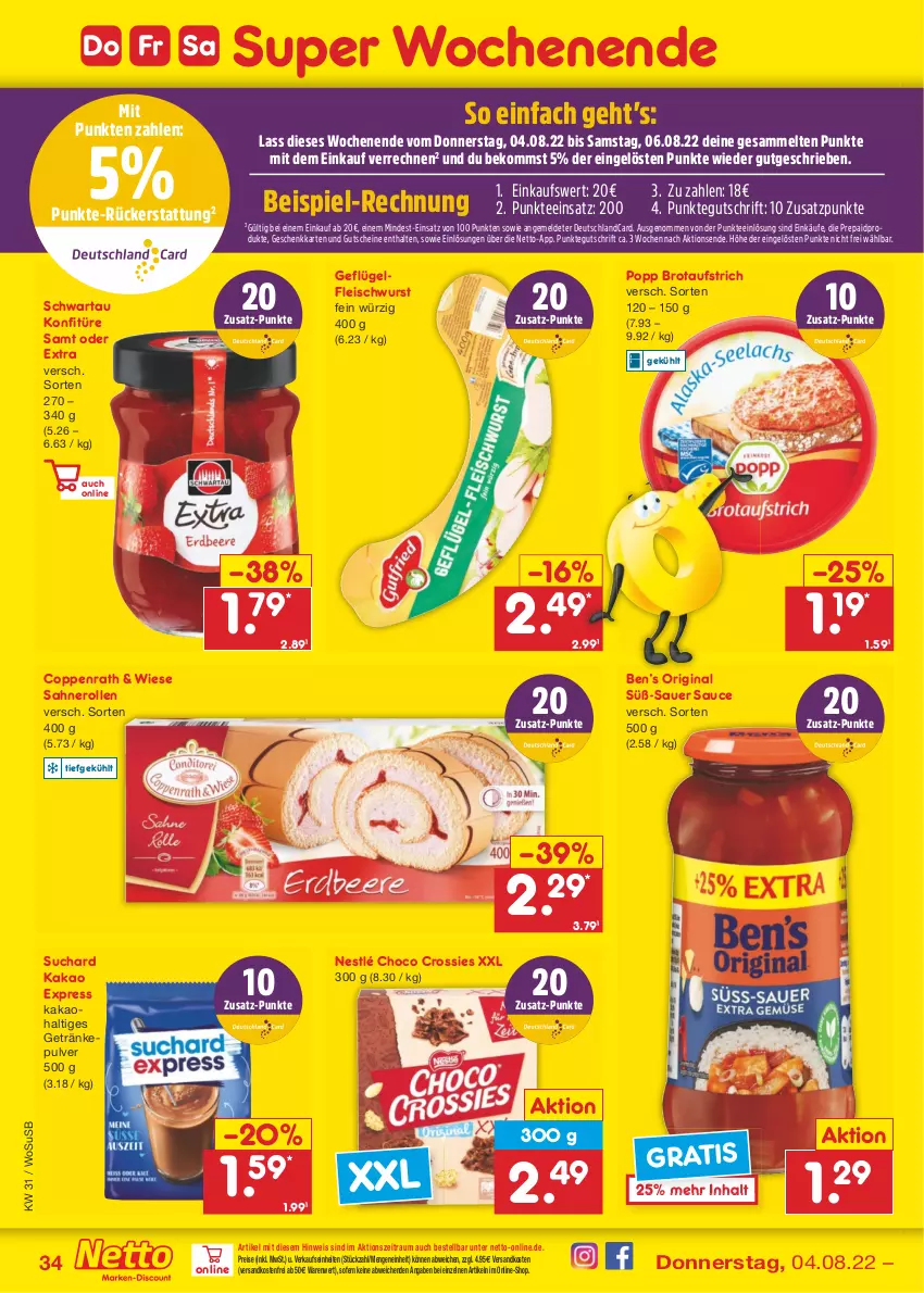 Aktueller Prospekt Netto Marken-Discount - Filial-Angebote - von 01.08 bis 06.08.2022 - strona 34 - produkty: auer, aufstrich, beko, Ben’s Original, brot, brotaufstrich, choco crossies, coppenrath, crossies, deutschlandcard, eis, fleisch, fleischwurst, Geflügel, getränk, getränke, getränkepulver, gin, gutschein, gutscheine, kakao, konfitüre, ndk, nero, nestlé, Popp, reis, sahne, Sahnerolle, sauce, Schwartau, tee, Ti, usb, versandkostenfrei, wurst