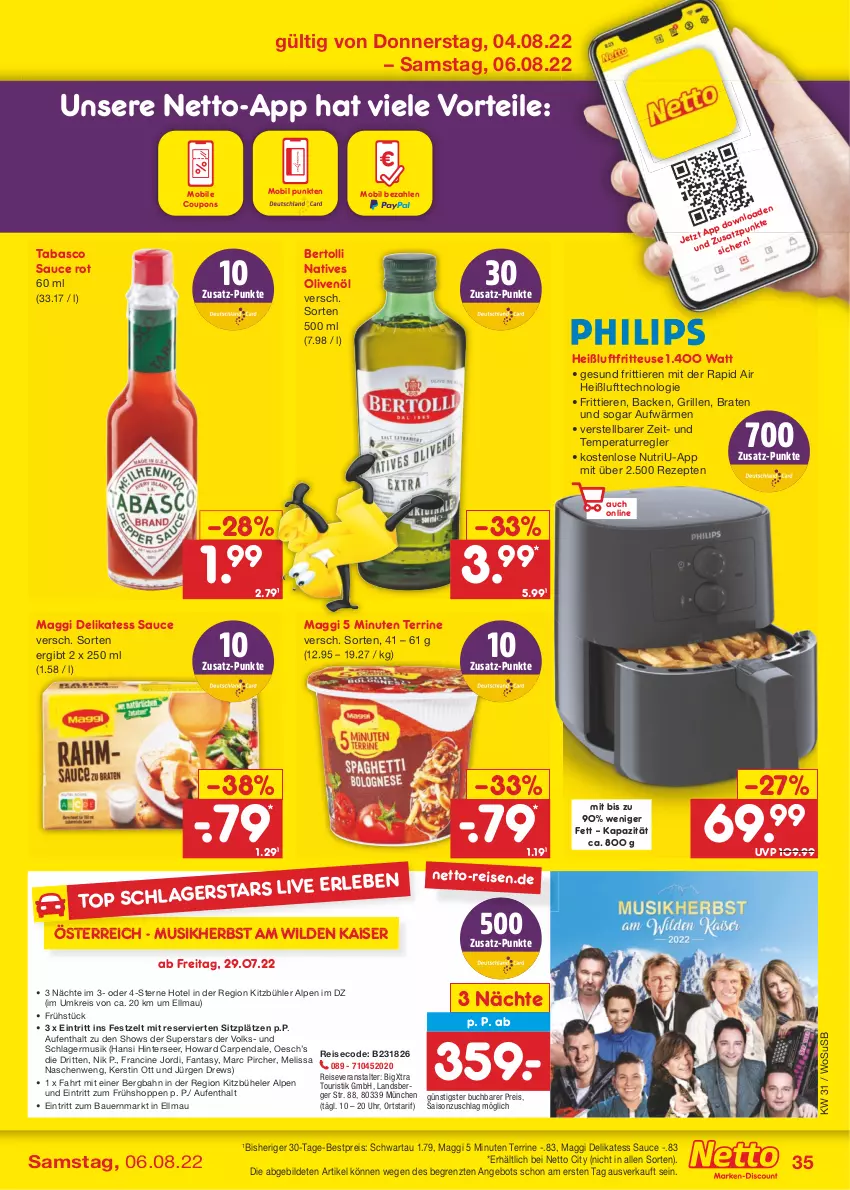 Aktueller Prospekt Netto Marken-Discount - Filial-Angebote - von 01.08 bis 06.08.2022 - strona 35 - produkty: angebot, auer, Bau, Bauer, bertolli, bestpreis, braten, buch, cin, coupon, coupons, delikatess sauce, eis, fanta, fritteuse, Germ, grill, Heißluftfritteuse, Kaiser, maggi, natives olivenöl, olive, oliven, olivenöl, pircher, reis, reiseveranstalter, rezept, rezepte, sauce, Schwartau, tabasco, terrine, Ti, Tiere, uhr, usb, Wild, Zelt, ZTE