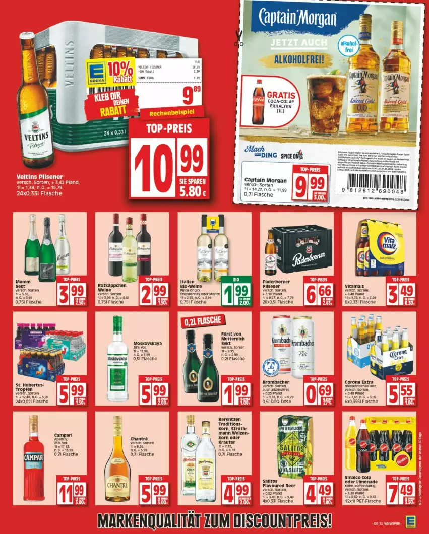 Aktueller Prospekt Edeka - Prospekte - von 15.01 bis 20.01.2024 - strona 13 - produkty: Cap, captain morgan, coca-cola, cola, discount, eis, flasche, fürst von metternich, Mett, metternich, moskovskaya, Rana, reis, Ria, rotkäppchen, sekt, vita, wein, weine