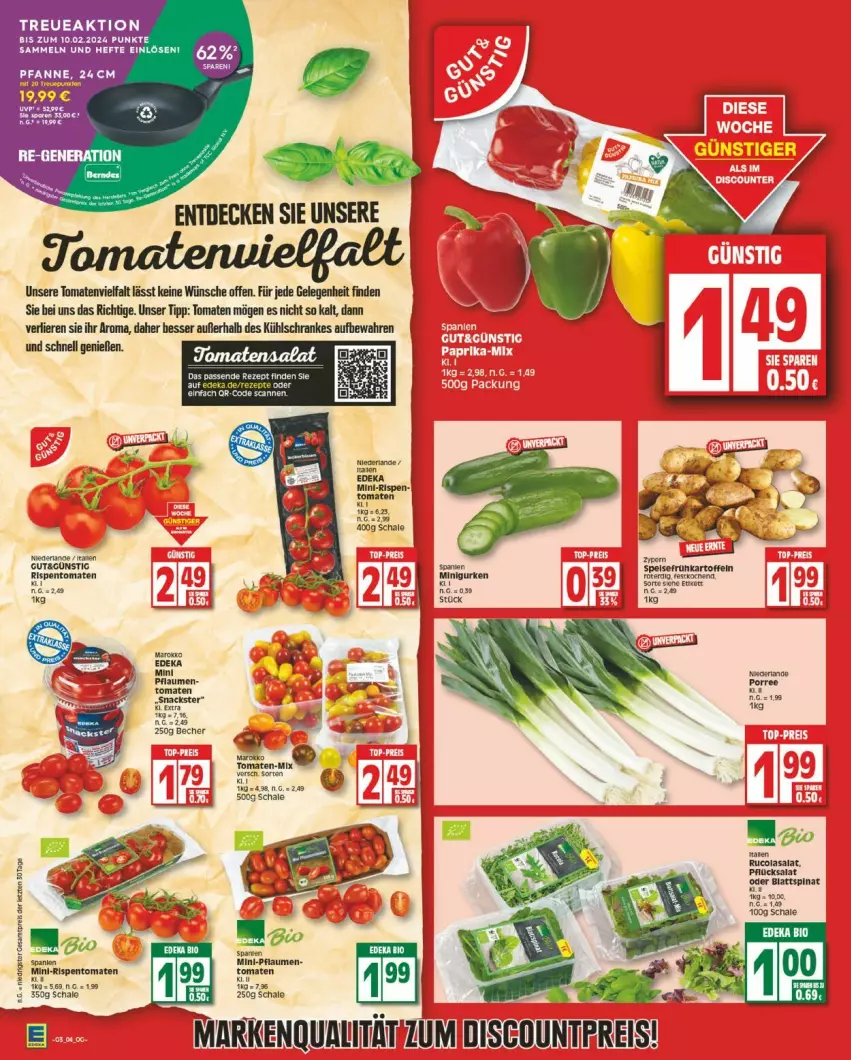 Aktueller Prospekt Edeka - Prospekte - von 15.01 bis 20.01.2024 - strona 4 - produkty: berndes, bio, blattspinat, cola, decke, deka, discount, edeka bio, eis, gurke, gurken, Hefte, kühlschrank, reis, Ria, rispentomaten, rucola, salat, Schal, Schale, Schrank, spinat, Ti, tomate, tomaten, ZTE