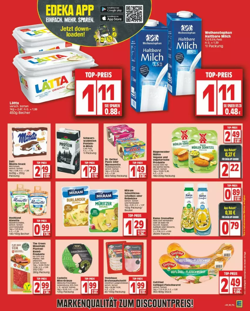 Aktueller Prospekt Edeka - Prospekte - von 15.01 bis 20.01.2024 - strona 9 - produkty: aufschnitt, Becher, braten, bratenaufschnitt, creme, Dr. Oetker, eis, flasche, fleisch, fleischwurst, Geflügel, Geflügel-Fleischwurst, gin, haltbare milch, Käse, milch, milram, monte, Paula, rama, Reibekäse, reis, rügenwalder, sauce, saucen, schnittkäse, snack, snacks, steak, steinhaus, suppe, suppen, Ti, Vegeta, weihenstephan, wurst, zott