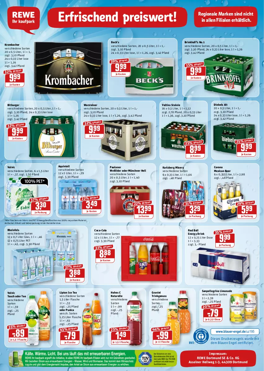 Aktueller Prospekt Rewe - REWE Ihr Kaufpark - von 27.12 bis 31.12.2021 - strona 20 - produkty: bier, bitburger, burger, coca-cola, cola, corona, decke, Deckel, diebels, drink, drucker, eis, elle, energy drink, Engel, flasche, granini, Hohes C, ice tea, Intel, karlsberg, karlsberg mixery, kerze, krombache, krombacher, limo, limonade, lipton, lipton ice tea, Mixer, mixery, natur, nuss, Paula, paulaner, punica, red bull, reis, rel, Ria, sanpellegrino, steiner, tee, teller, Ti, veltins, volvic, warsteiner