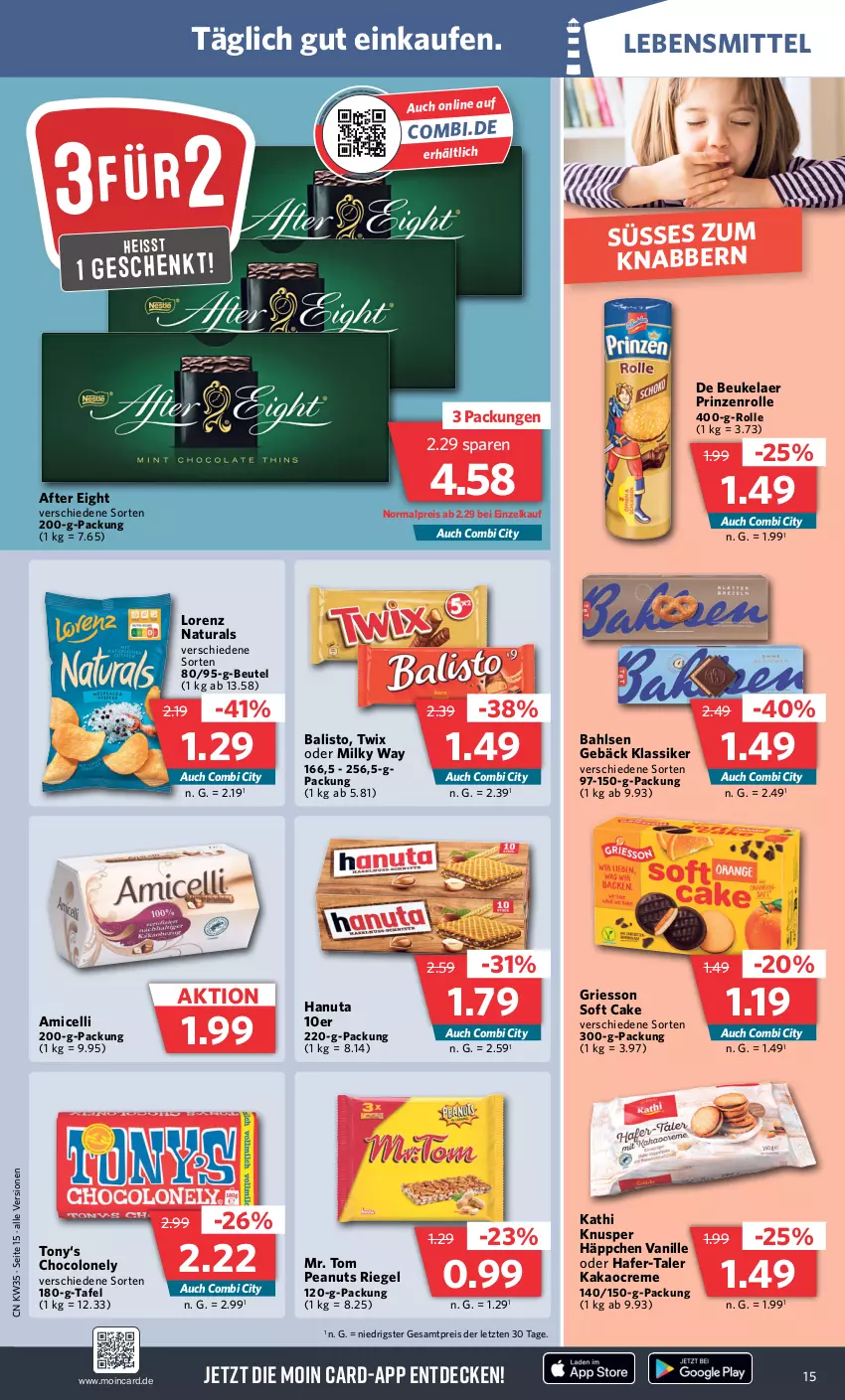 Aktueller Prospekt Combi - Prospekte - von 28.08 bis 02.09.2023 - strona 15 - produkty: after eight, amicelli, bahlsen, balisto, beutel, creme, de beukelaer, decke, eis, griesson, hafer, hanuta, kakao, lebensmittel, LG, lorenz, milky way, natur, natura, prinzenrolle, reis, riegel, Ti, twix, vanille, ZTE