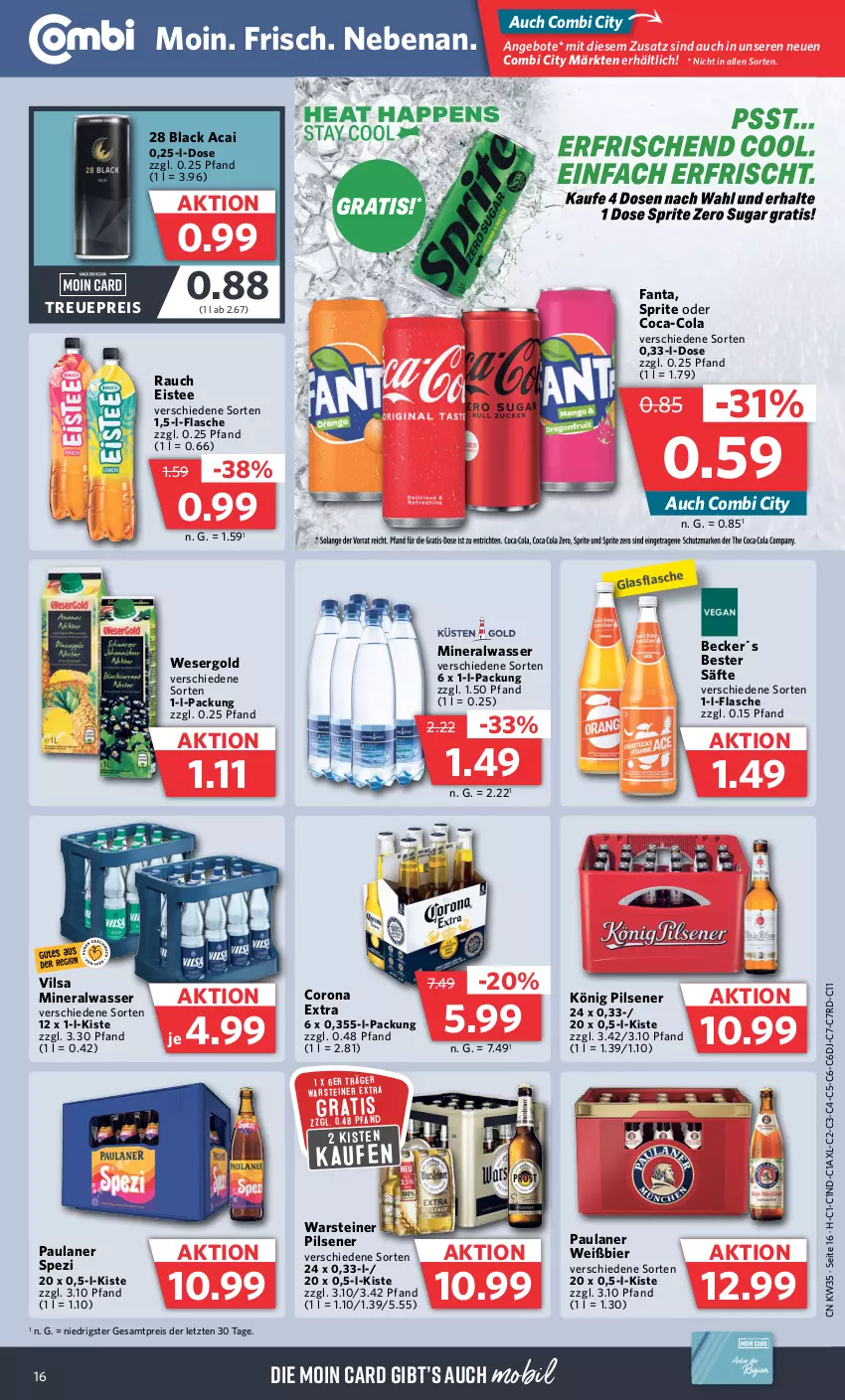 Aktueller Prospekt Combi - Prospekte - von 28.08 bis 02.09.2023 - strona 16 - produkty: Alwa, angebot, angebote, bier, coca-cola, cola, corona, corona extra, eis, eistee, fanta, flasche, könig pilsener, lack, mineralwasser, Paula, paulaner, pils, pilsener, Rauch, reis, säfte, Spezi, sprite, steiner, tee, Ti, vilsa, warsteiner, wasser, ZTE