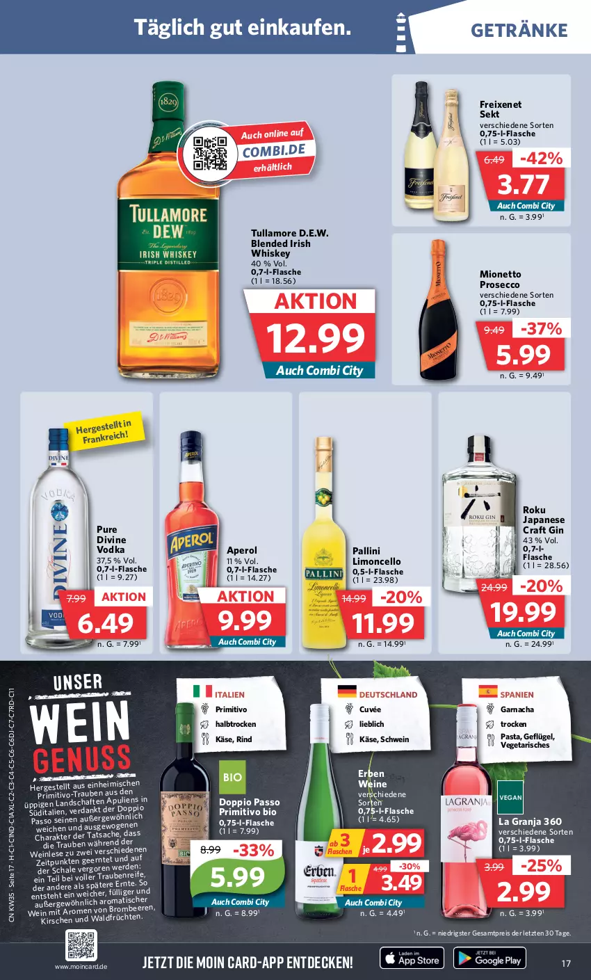 Aktueller Prospekt Combi - Prospekte - von 28.08 bis 02.09.2023 - strona 17 - produkty: aperol, beere, beeren, bio, cuvée, decke, doppio passo, ecco, eis, flasche, freixenet, Geflügel, getränk, getränke, gin, irish whiskey, Käse, kirsch, kirsche, kirschen, LG, limo, mionetto, passo, pasta, primitivo, prosecco, reis, rind, sac, Schal, Schale, schwein, sekt, Ti, trauben, tullamore, Vegeta, vodka, wein, weine, whiskey, ZTE