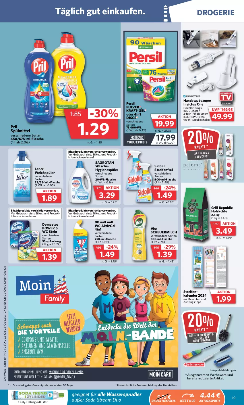 Aktueller Prospekt Combi - Prospekte - von 28.08 bis 02.09.2023 - strona 19 - produkty: aktionspreis, angebot, angebote, auer, Behälter, beispielabbildung, bio, biozidprodukte, coupon, coupons, dauertiefpreis, domestos, eis, elle, flasche, gewinnspiel, grill, Heu, Holz, holzkohle, hygienespüler, kraft, lebensmittel, lenor, lenor weichspüler, milch, persil, pril, Rauch, reifen, reis, rezept, rezepte, rwe, sagrotan, scheuermilch, sidolin, Soda, Spiele, spülmittel, staubsauger, teller, Ti, tiefpreis, wasser, wassersprudler, weichspüler, ZTE