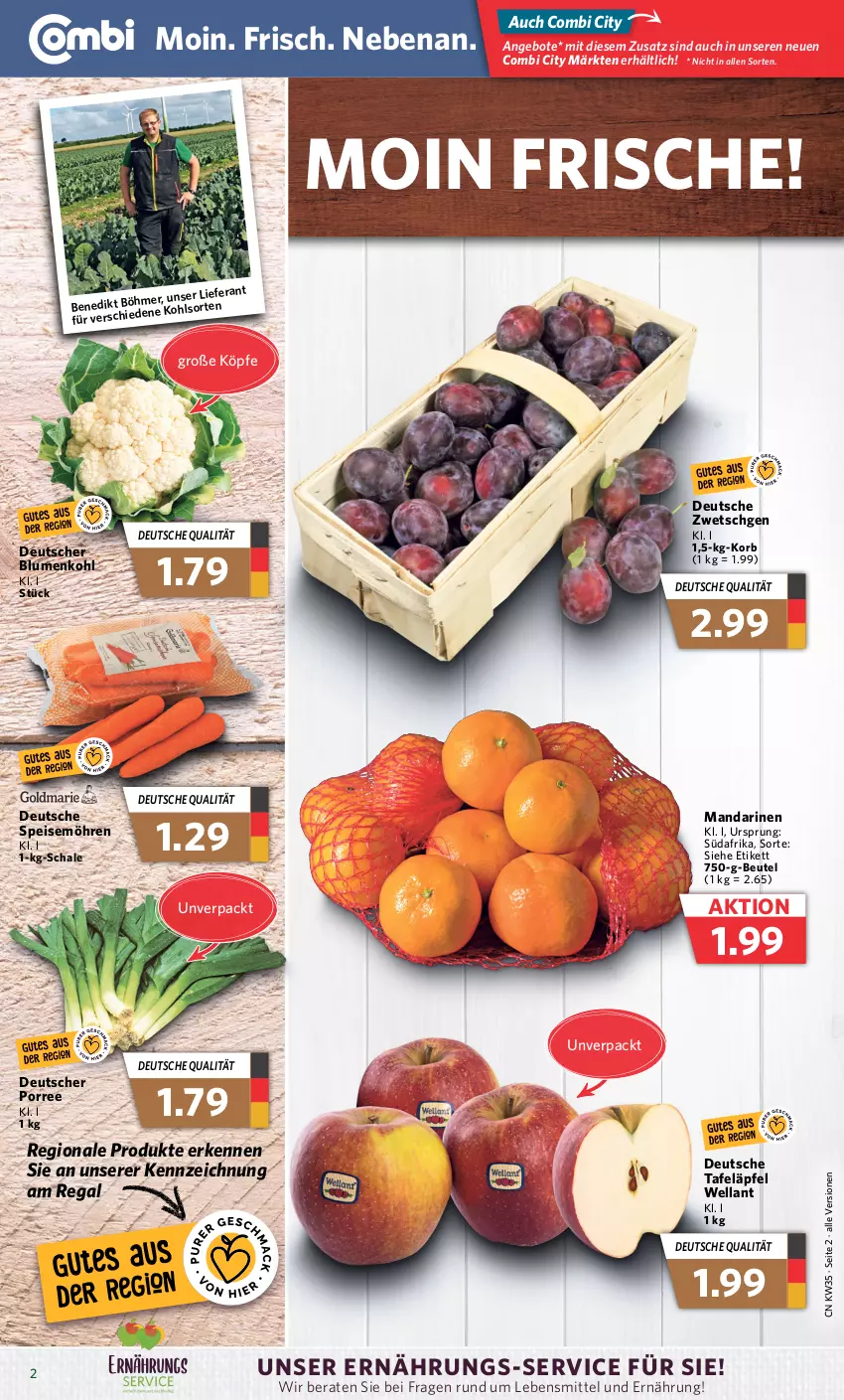 Aktueller Prospekt Combi - Prospekte - von 28.08 bis 02.09.2023 - strona 2 - produkty: angebot, angebote, beutel, blume, blumen, blumenkohl, eis, korb, lebensmittel, mandarine, mandarinen, möhren, regal, Schal, Schale, speisemöhren, tafeläpfel, Ti, Wella