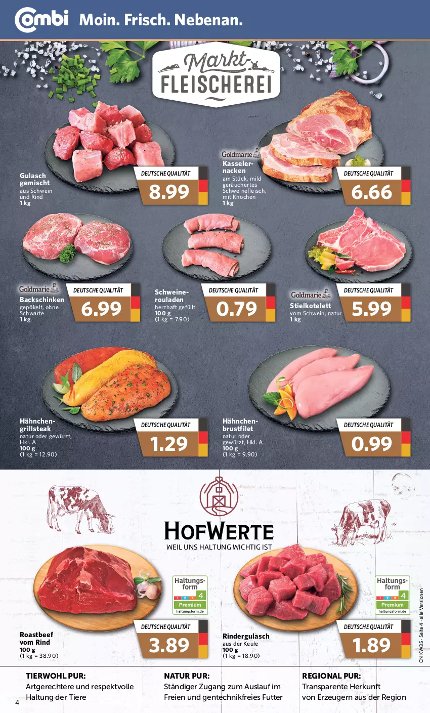 Aktueller Prospekt Combi - Prospekte - von 28.08 bis 02.09.2023 - strona 4 - produkty: beef, brustfilet, eis, ente, filet, fleisch, gewürz, grill, gulasch, kasseler, kotelett, natur, rind, rinder, rindergulasch, roastbeef, rouladen, schinken, schwein, schwein und rind, schweine, schweinefleisch, steak, Ti, Tiere, wein, weine