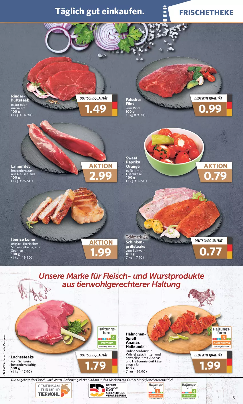 Aktueller Prospekt Combi - Prospekte - von 28.08 bis 02.09.2023 - strona 5 - produkty: ananas, angebot, angebote, eis, Elan, Falsches Filet, filet, fleisch, Fleischerei, frischkäse, gin, grill, Grillkäse, hähnchenbrust, Halloumi, hüftsteak, Käse, lachs, lamm, LG, natur, orange, paprika, rind, rinder, saft, Schere, schinken, schnitten, schwein, schweine, Schweinelachs, steak, steaks, Ti, wein, weine, würfel, wurst