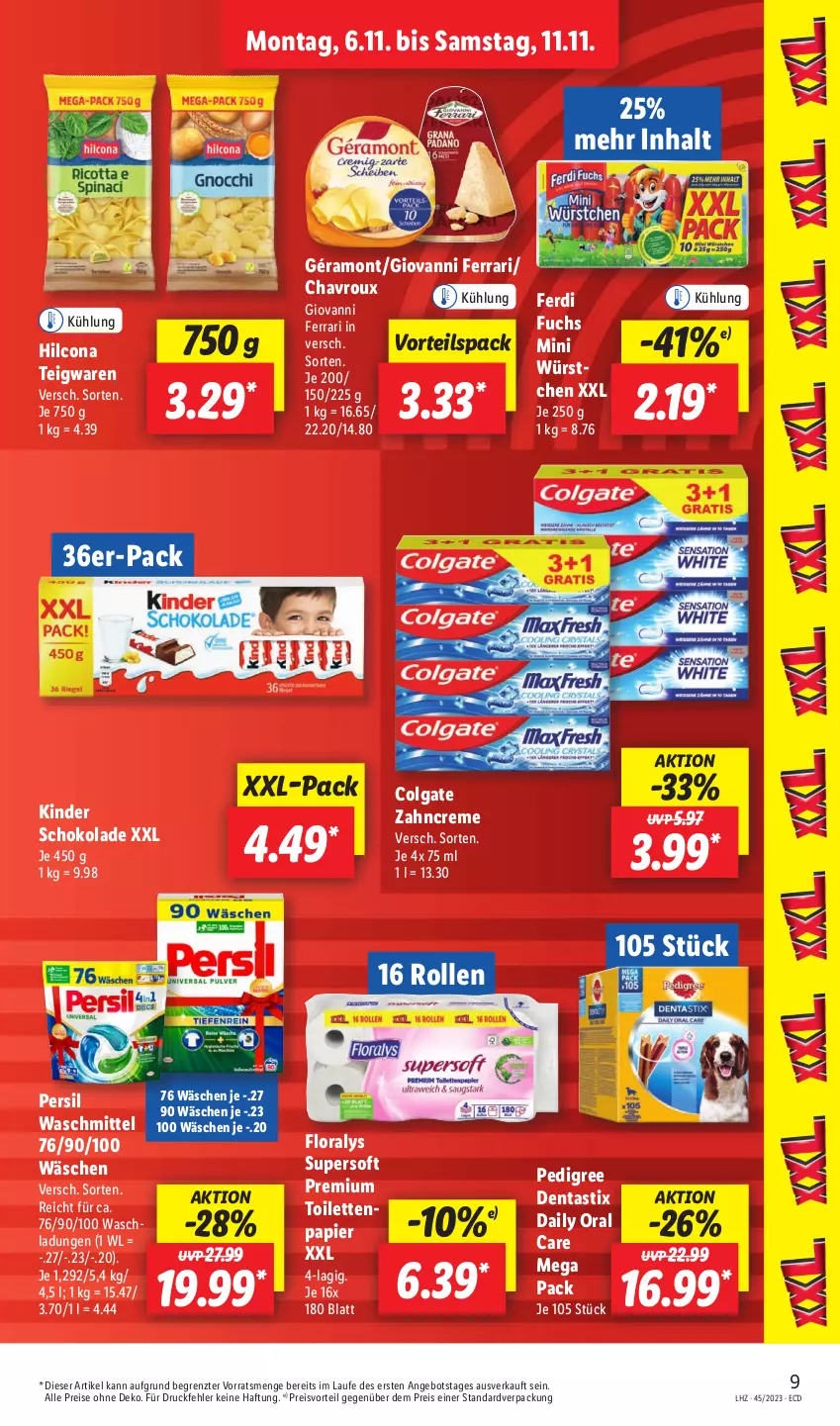 Aktueller Prospekt Lidl - Aktionsprospekt - von 06.11 bis 11.11.2023 - strona 11 - produkty: angebot, asti, chavroux, colgate, creme, dentastix, eis, ferdi fuchs, Floralys, géramont, hilcona, Kinder, kinder schokolade, LG, papier, pedigree, persil, persil waschmittel, preisvorteil, reis, schoko, schokolade, teigwaren, Ti, toilettenpapier, waschmittel, würstchen, zahncreme, ZTE