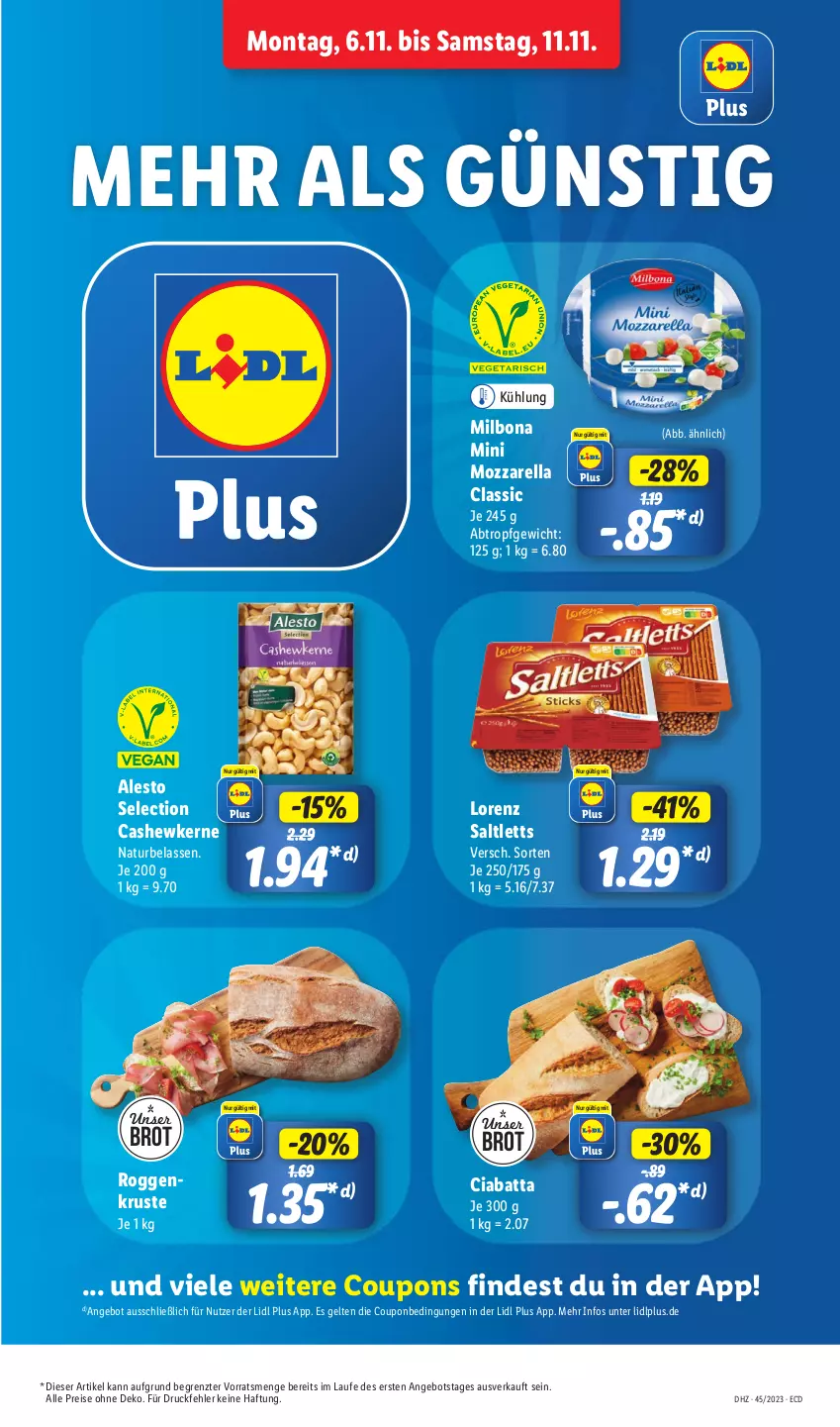 Aktueller Prospekt Lidl - Aktionsprospekt - von 06.11 bis 11.11.2023 - strona 13 - produkty: alesto, angebot, Bona, brot, Cashew, cashewkerne, ciabatta, coupon, coupons, eis, lorenz, Milbona, mozzarella, natur, reis, rel, saltletts, Ti, ZTE