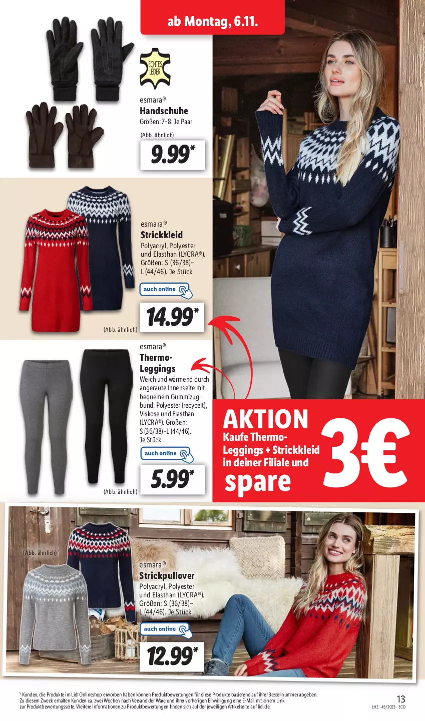 Aktueller Prospekt Lidl - Aktionsprospekt - von 06.11 bis 11.11.2023 - strona 19 - produkty: esmara, gin, handschuhe, kleid, leggings, Pullover, schuhe, Strickkleid, Strickpullover, Thermoleggings, Ti, weck