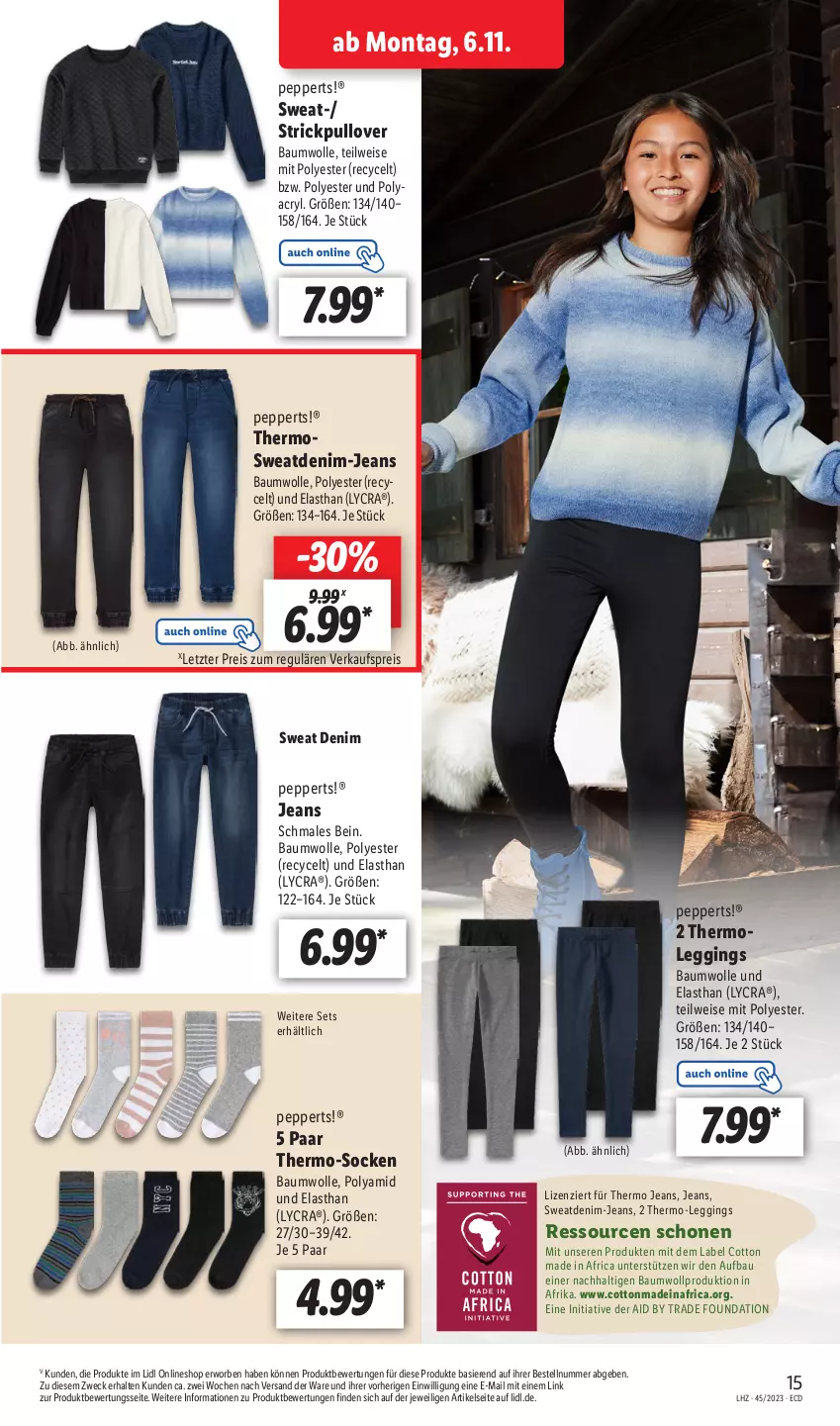 Aktueller Prospekt Lidl - Aktionsprospekt - von 06.11 bis 11.11.2023 - strona 21 - produkty: Bau, baumwolle, eis, gin, jeans, leggings, Pullover, reis, socken, Strickpullover, Thermoleggings, Ti, weck, wolle, ZTE