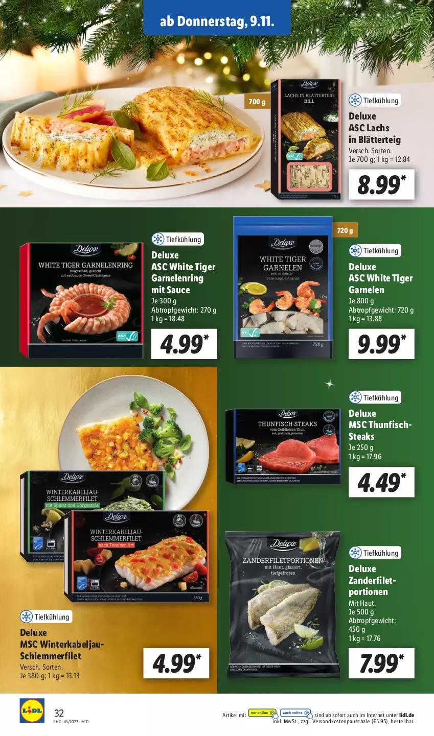 Aktueller Prospekt Lidl - Aktionsprospekt - von 06.11 bis 11.11.2023 - strona 38 - produkty: blätterteig, filet, fisch, garnelen, lachs, ndk, ring, sauce, Schal, Schale, schlemmerfilet, steak, steaks, thunfisch, Ti, Zander