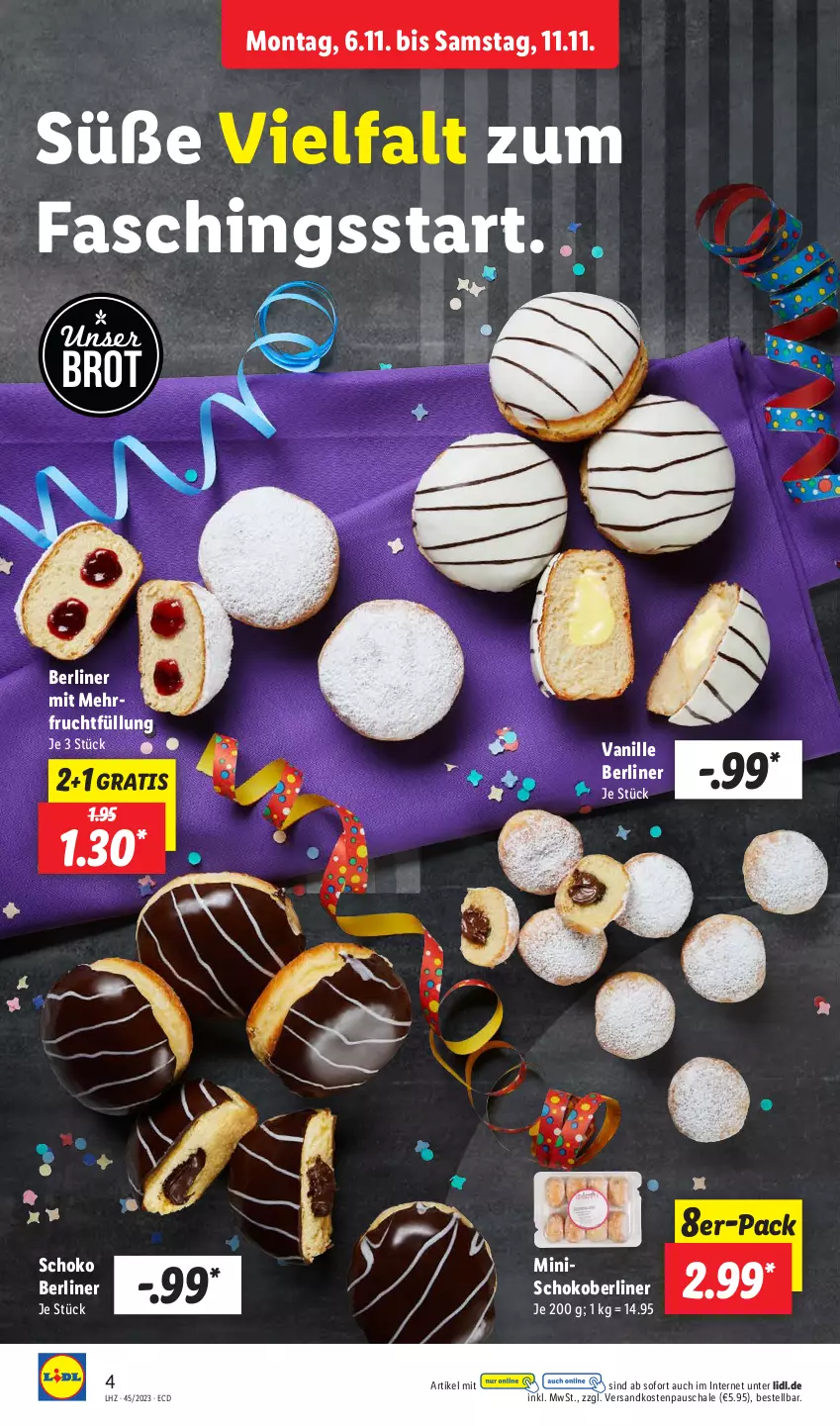 Aktueller Prospekt Lidl - Aktionsprospekt - von 06.11 bis 11.11.2023 - strona 4 - produkty: berliner, brot, frucht, ndk, Schal, Schale, schoko, Ti, vanille