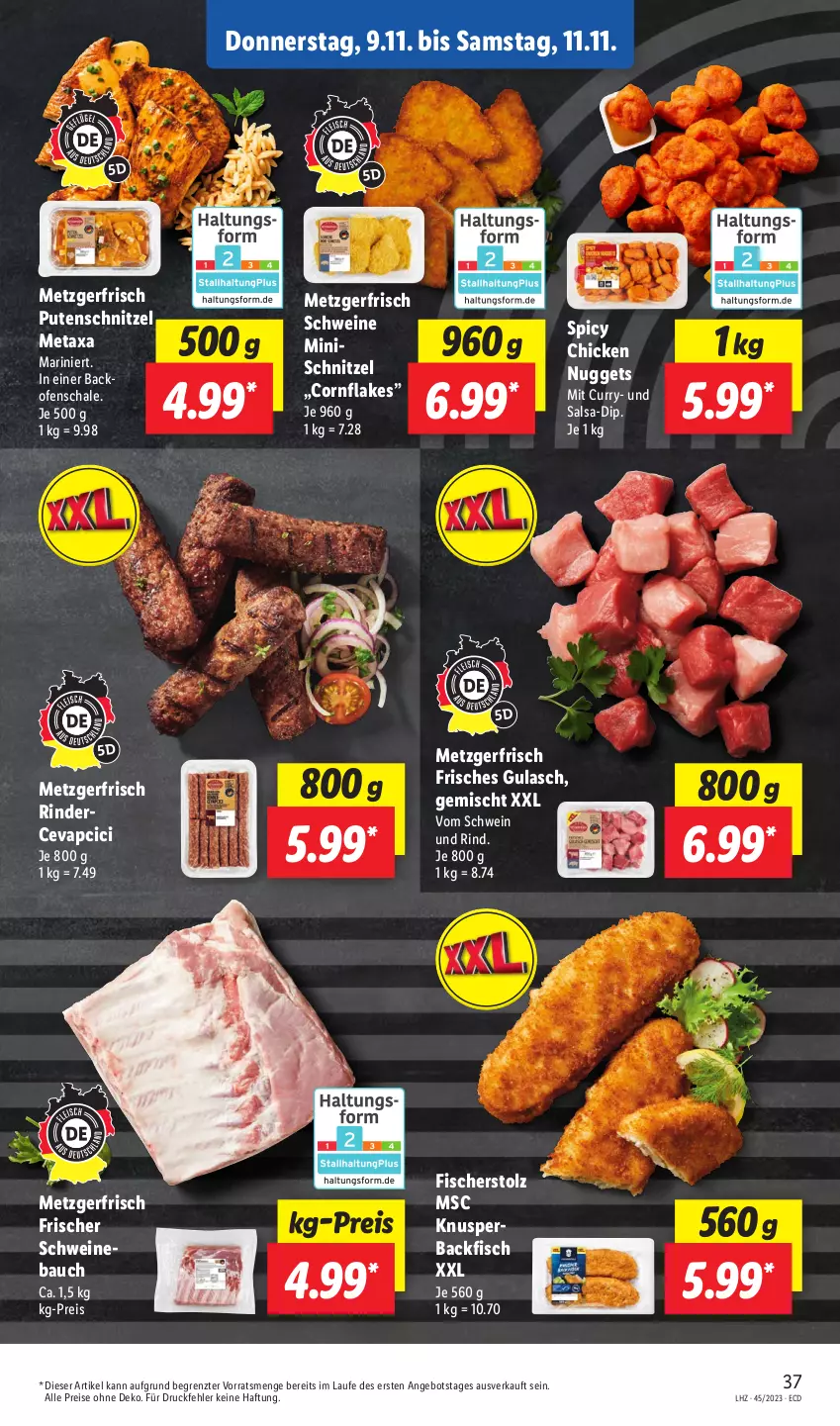 Aktueller Prospekt Lidl - Aktionsprospekt - von 06.11 bis 11.11.2023 - strona 45 - produkty: angebot, backfisch, Bau, cevapcici, chicken nuggets, curry, dip, eis, fisch, fische, Fischer, flakes, gulasch, Metaxa, nuggets, Ofen, pute, putenschnitzel, reis, rind, rinder, Salsa, Schal, Schale, schnitzel, schwein, schwein und rind, schweine, Schweinebauch, Ti, vom schwein und rind, wein, weine, ZTE