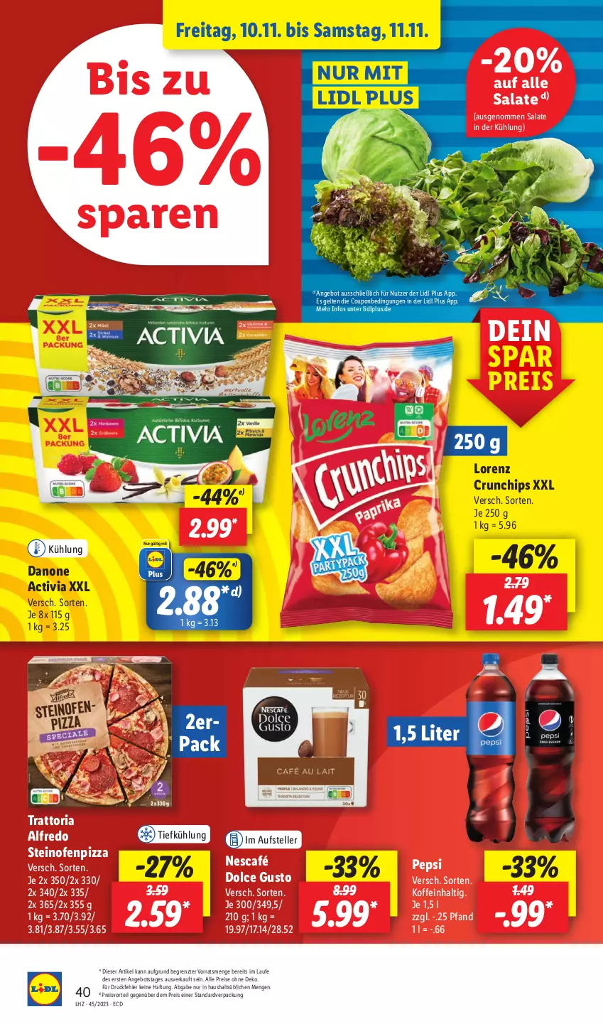 Aktueller Prospekt Lidl - Aktionsprospekt - von 06.11 bis 11.11.2023 - strona 48 - produkty: activia, angebot, chips, coupon, crunchips, danone, danone activia, dolce gusto, drucker, eis, elle, Engel, kerze, lorenz, lorenz crunchips, Nescafé, Ofen, papier, pepsi, pizza, preisvorteil, reis, Ria, salat, salate, steinofen, teller, Ti, ZTE