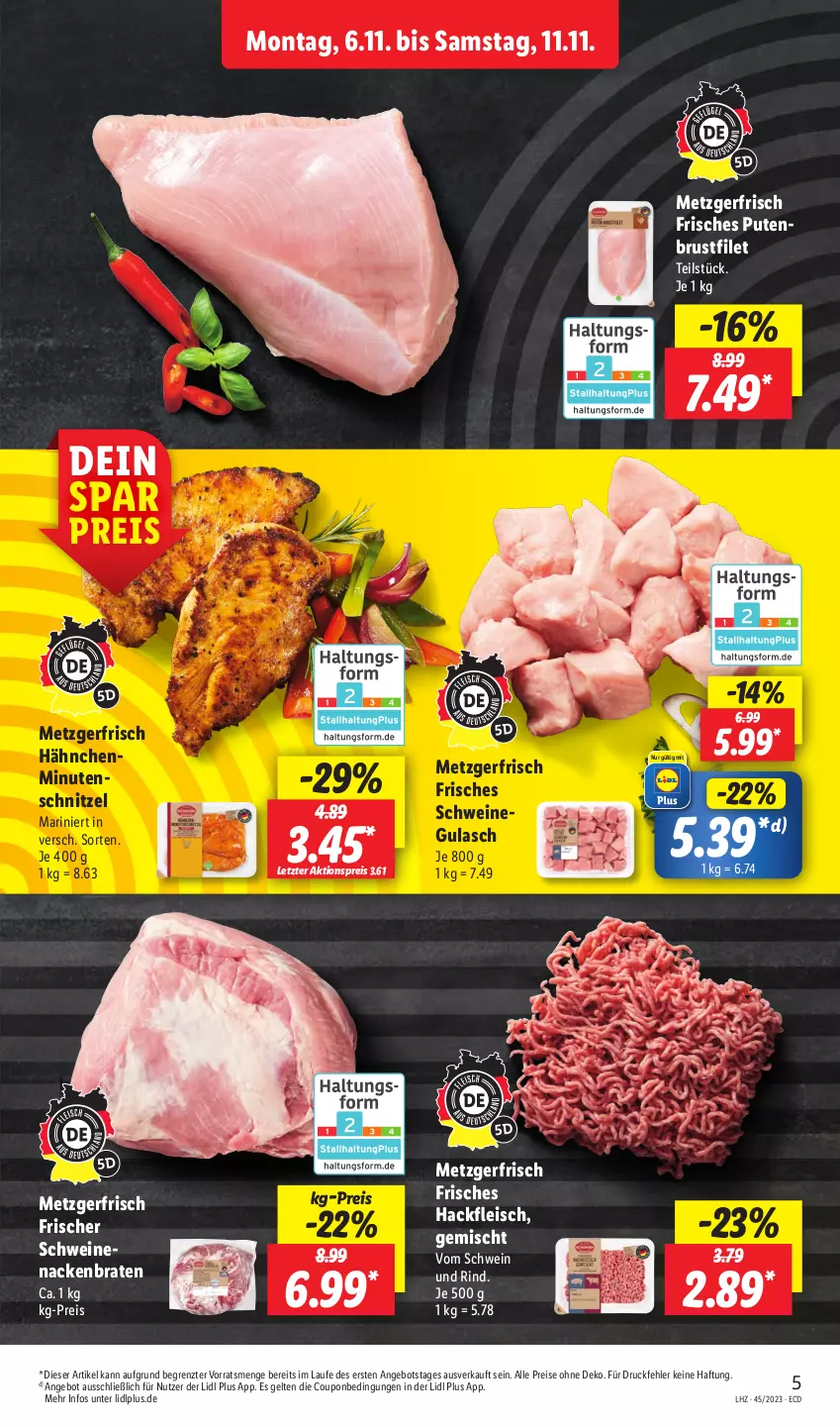 Aktueller Prospekt Lidl - Aktionsprospekt - von 06.11 bis 11.11.2023 - strona 5 - produkty: aktionspreis, angebot, braten, brustfilet, coupon, eis, filet, fleisch, gulasch, hackfleisch, pute, reis, rind, schnitzel, schwein, schwein und rind, schweine, Ti, vom schwein und rind, wein, weine, ZTE